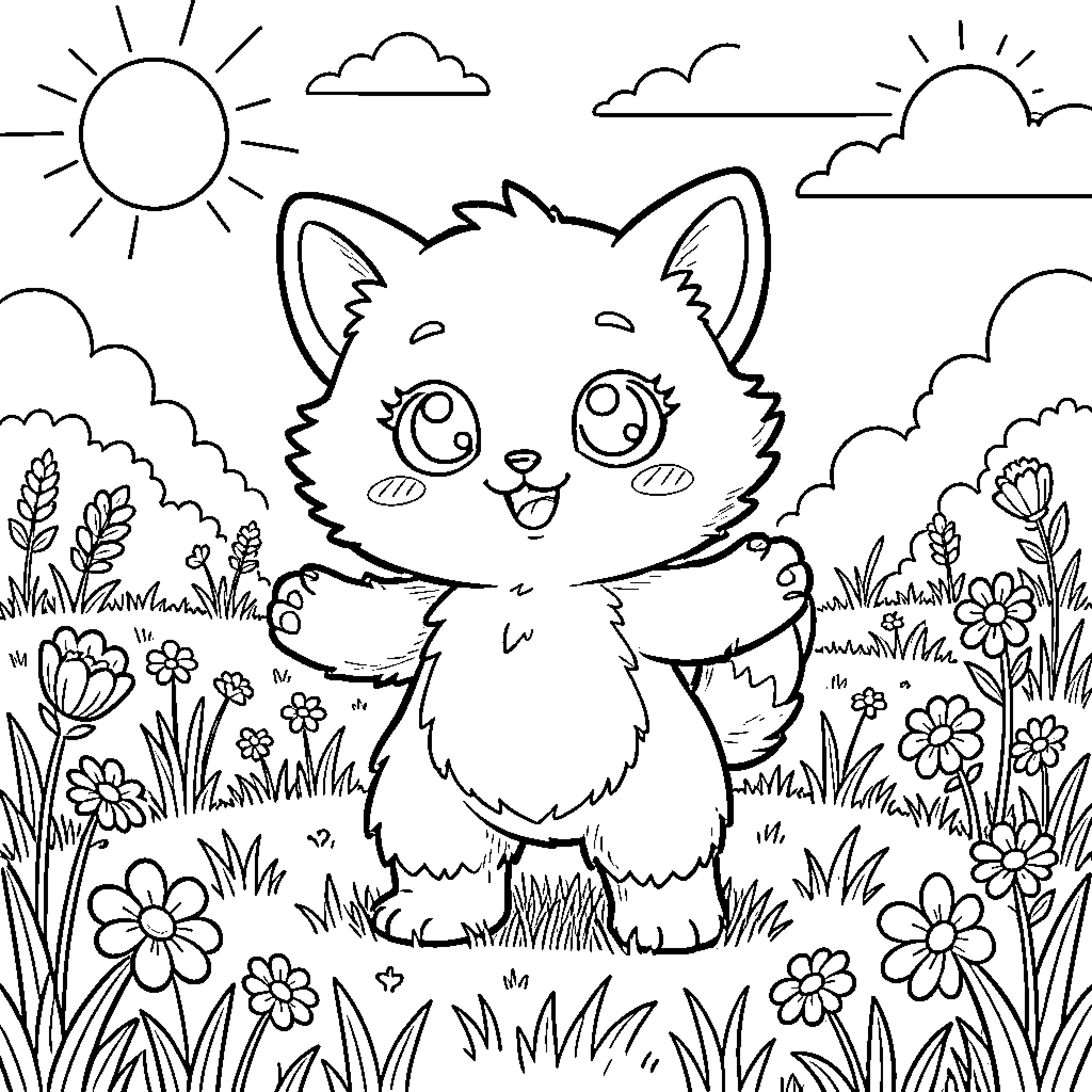 Mofusand Furry Cat Frolics in Flowery Meadow Coloring Page (free black-and-white line drawing printable PDF for all, from beginners to advanced learners, including children, teens, adults, and seniors)
