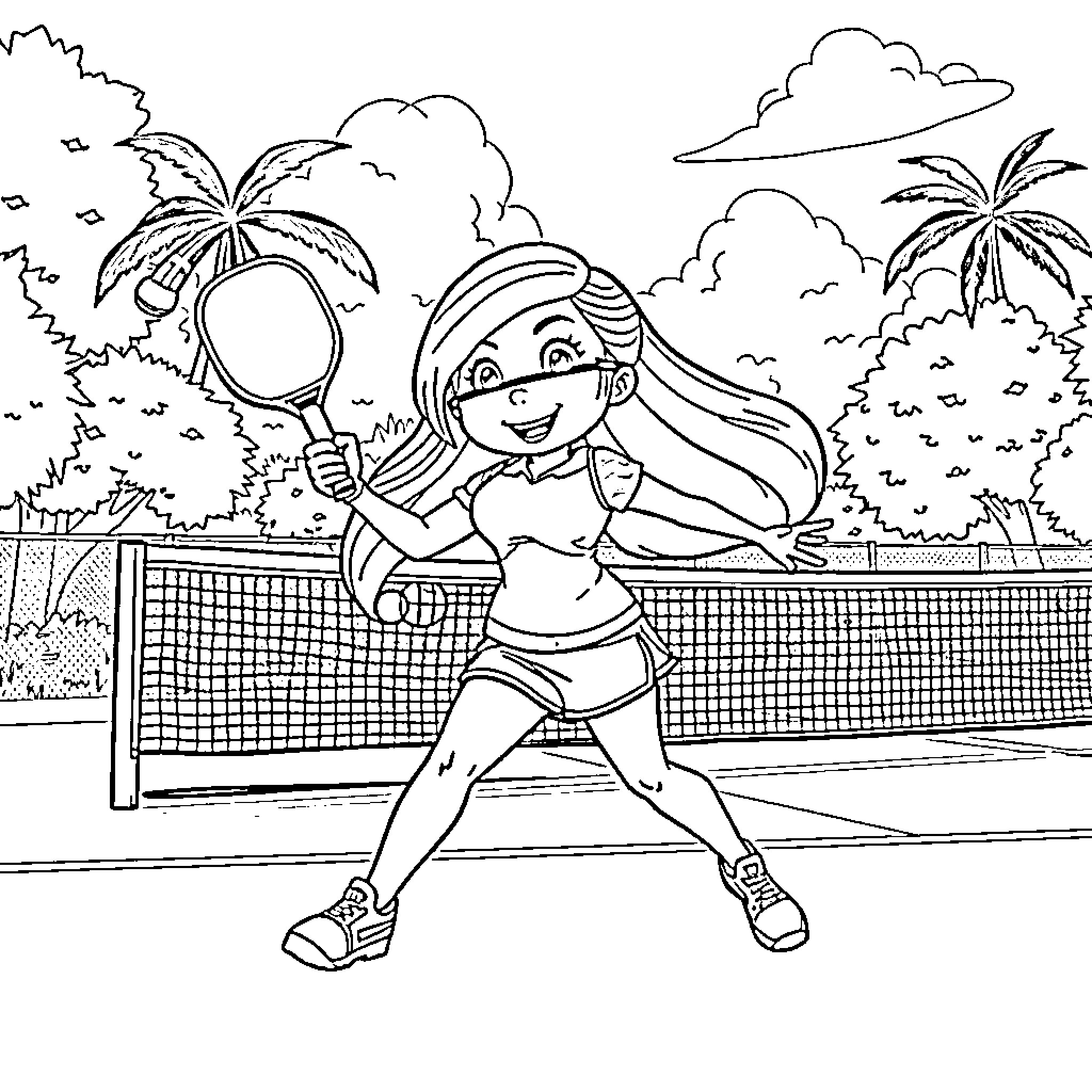 Kim Possible playing tennis in tropical setting Coloring Page (free black-and-white line drawing printable PDF for all, from beginners to advanced learners, including children, teens, adults, and seniors)