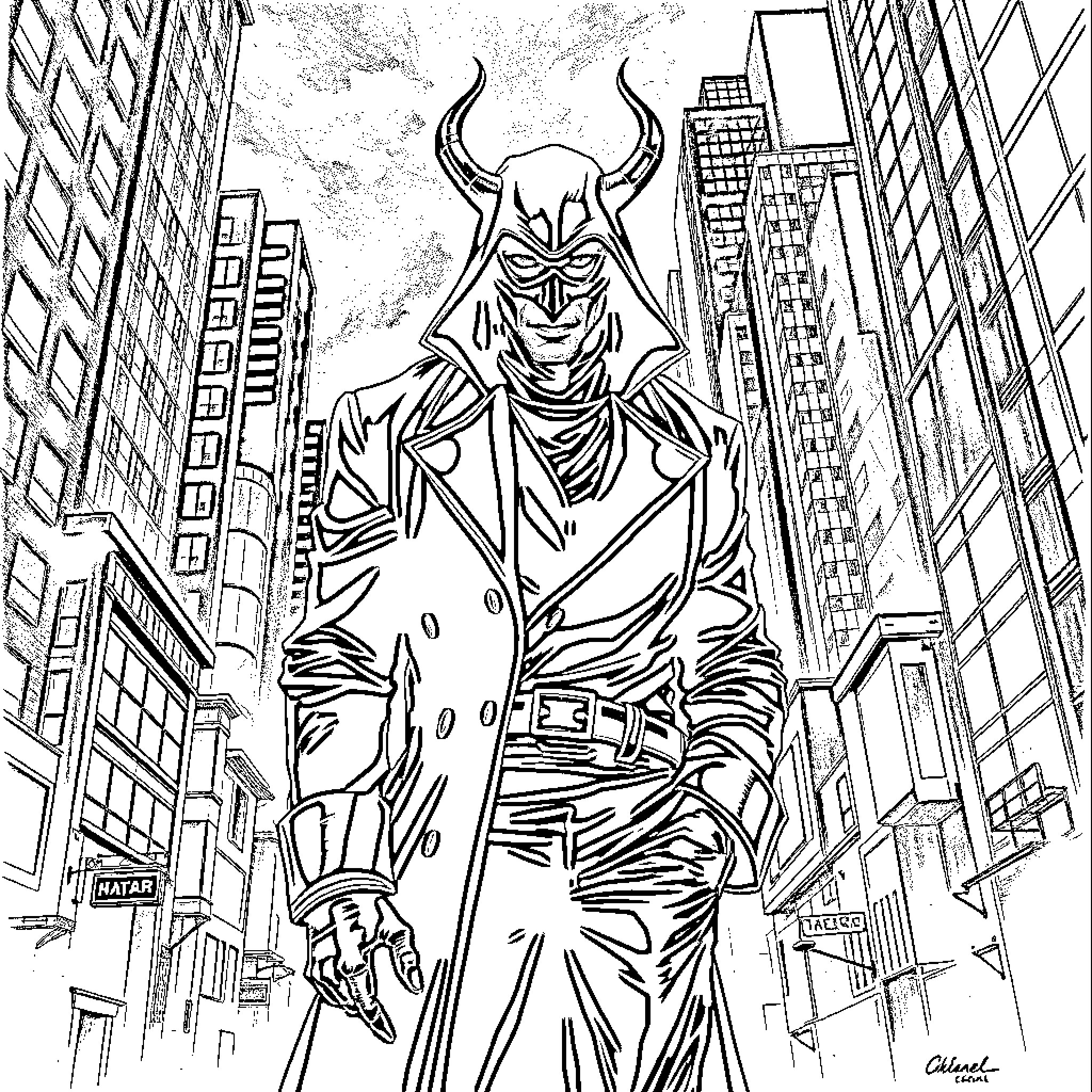 Grendel's Menacing Presence in the City Coloring Page (free black-and-white line drawing printable PDF for all, from beginners to advanced learners, including children, teens, adults, and seniors)