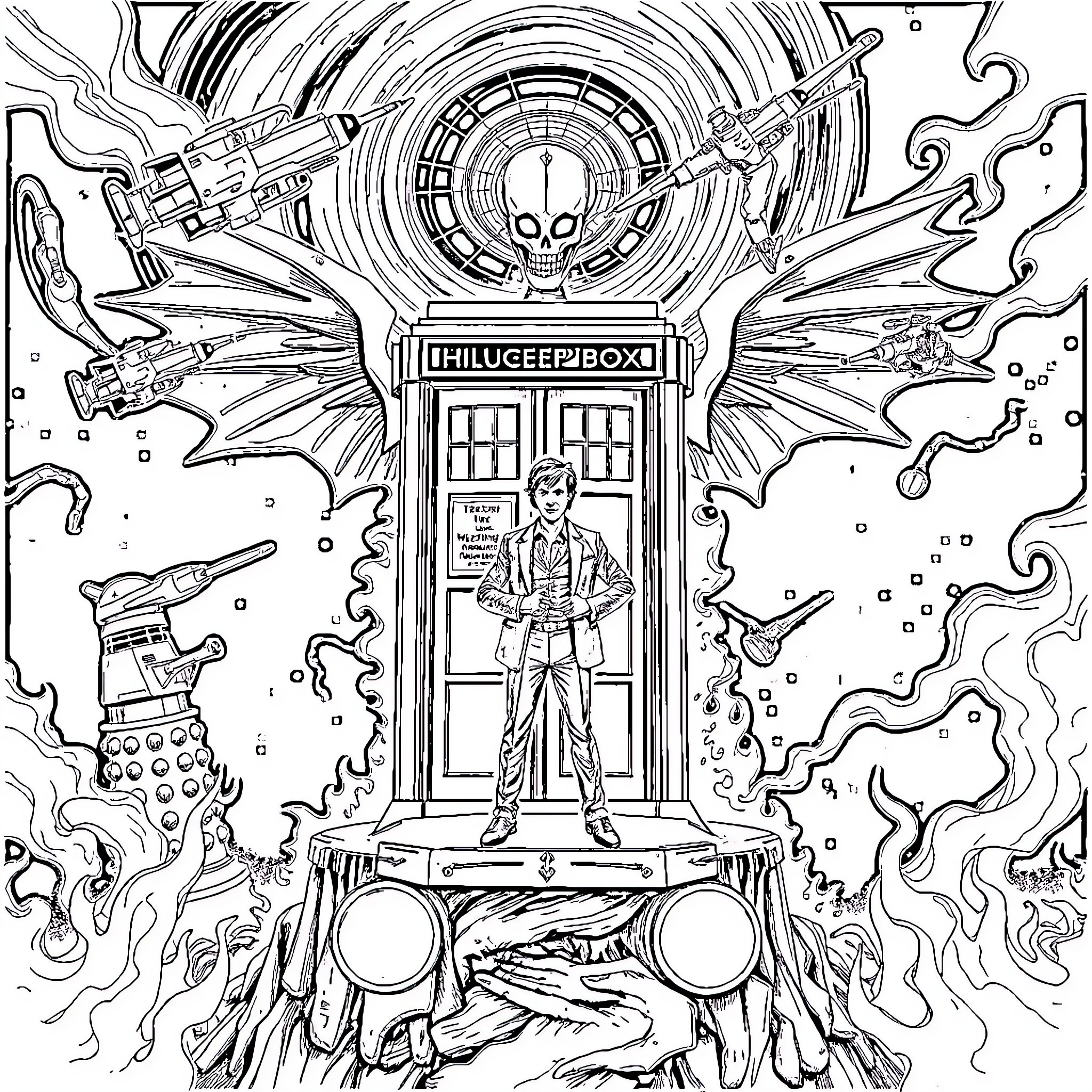 Doctor Battles Aliens and Cosmic Forces in Time Machine Coloring Page (free black-and-white line drawing printable PDF for all, from beginners to advanced learners, including children, teens, adults, and seniors)