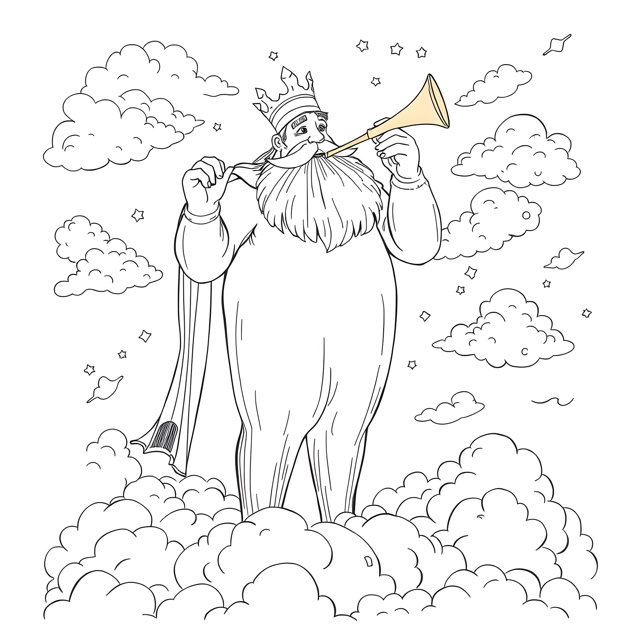 Big Friendly Giant blowing magical horn in the clouds Coloring Page (free black-and-white line drawing printable PDF for all, from beginners to advanced learners, including children, teens, adults, and seniors)