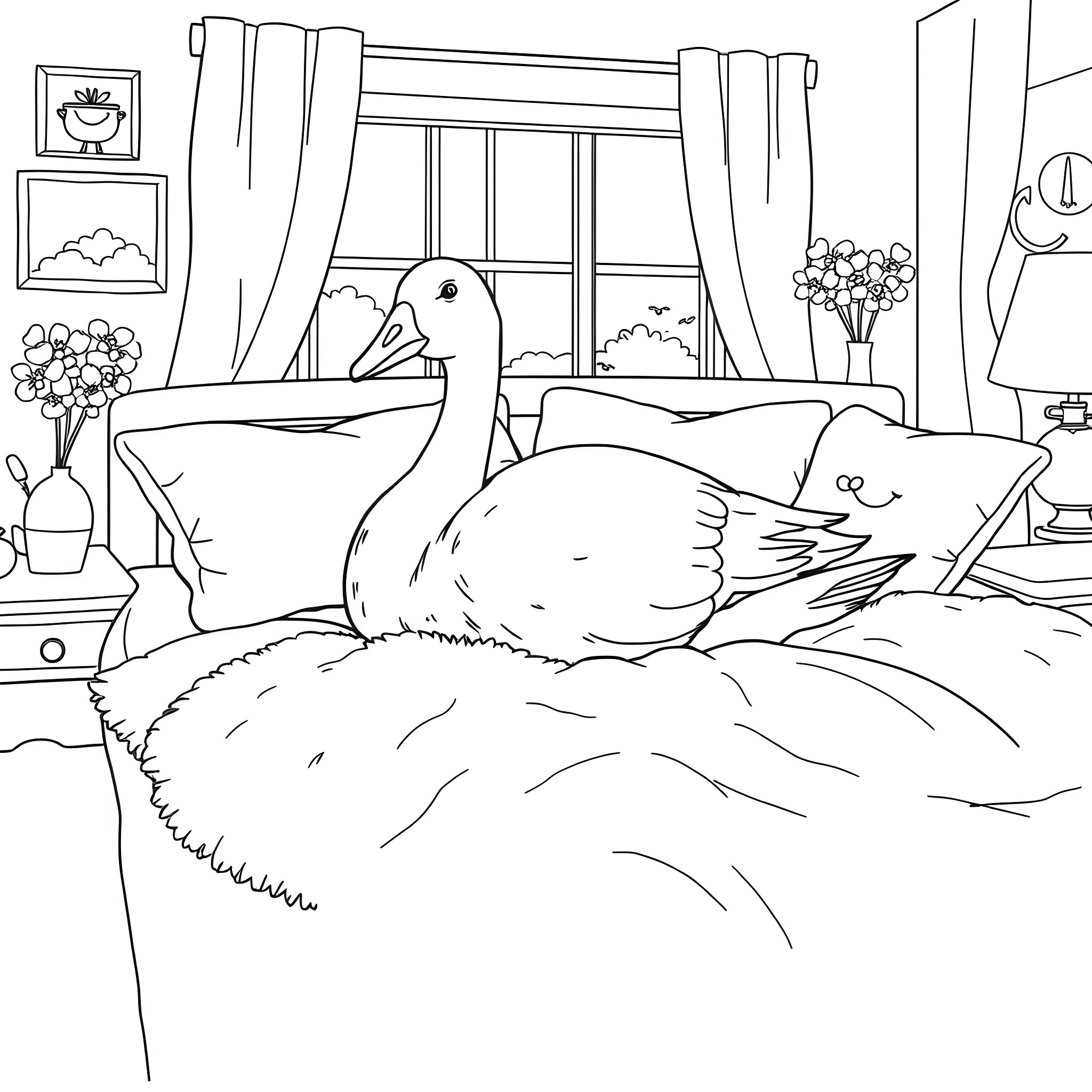 Goose resting comfortably in a cozy indoor setting Coloring Page (free black-and-white line drawing printable PDF for all, from beginners to advanced learners, including children, teens, adults, and seniors)