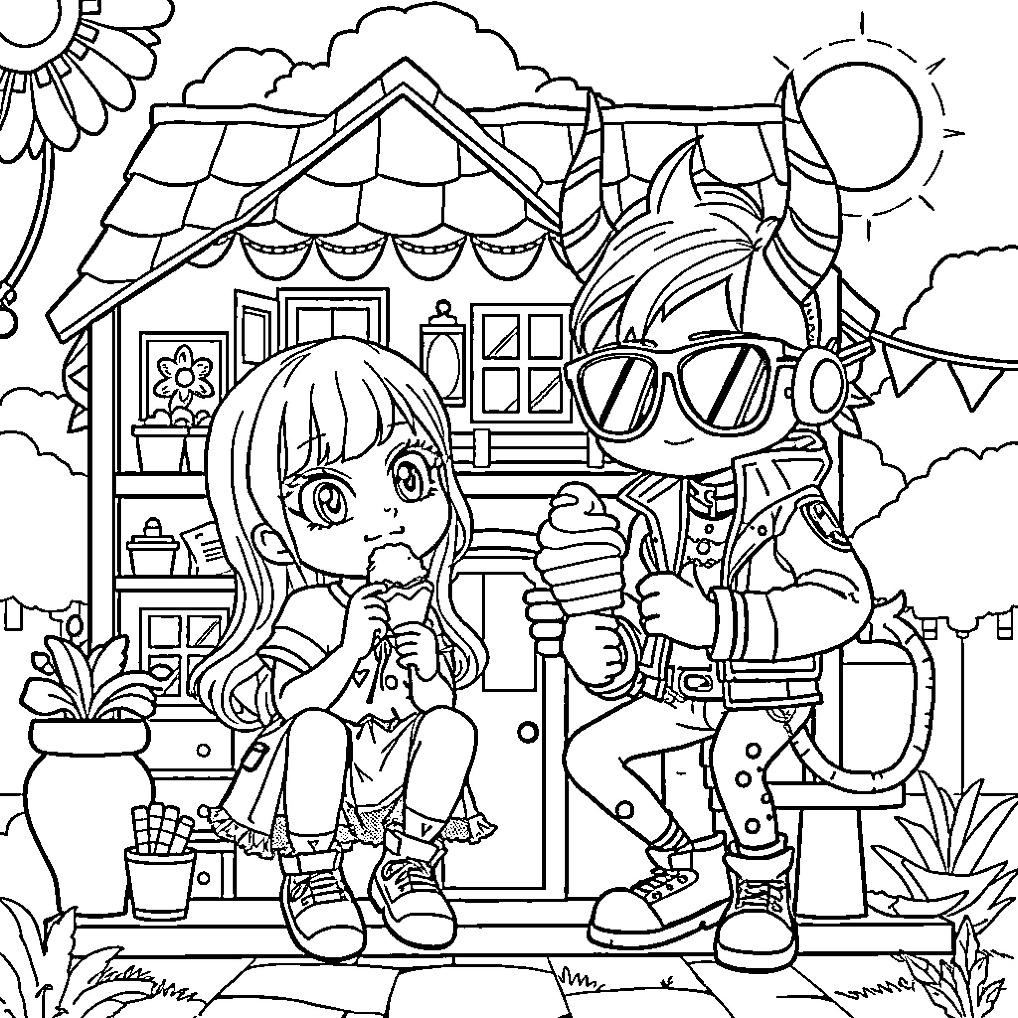 Dollhouse with Playful Characters in Outdoor Scene Coloring Page (free black-and-white line drawing printable PDF for all, from beginners to advanced learners, including children, teens, adults, and seniors)