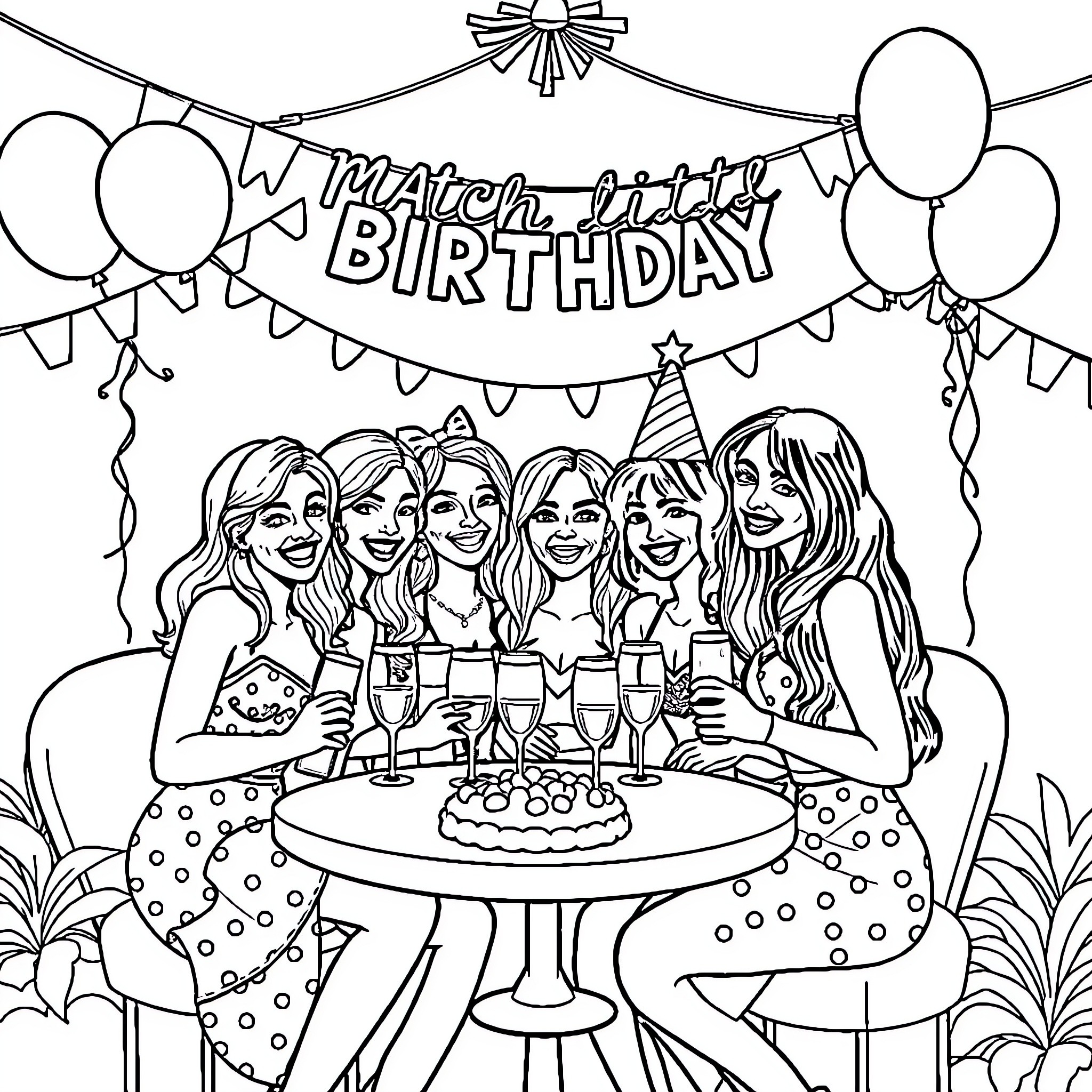 Bachelorette Party Celebration with Friends Coloring Page (free black-and-white line drawing printable PDF for all, from beginners to advanced learners, including children, teens, adults, and seniors)