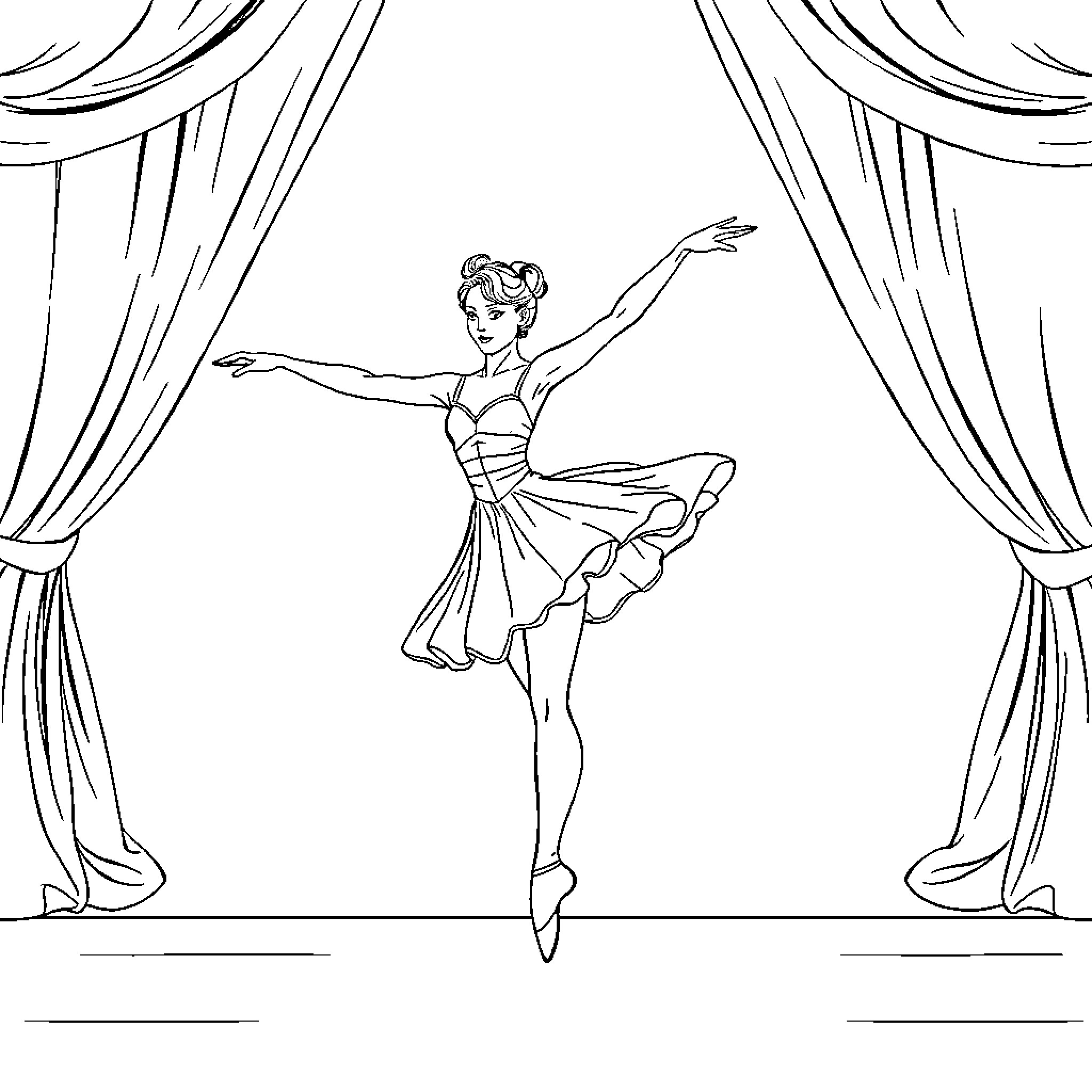 Ballerina gracefully performing on stage Coloring Page (free black-and-white line drawing printable PDF for all, from beginners to advanced learners, including children, teens, adults, and seniors)