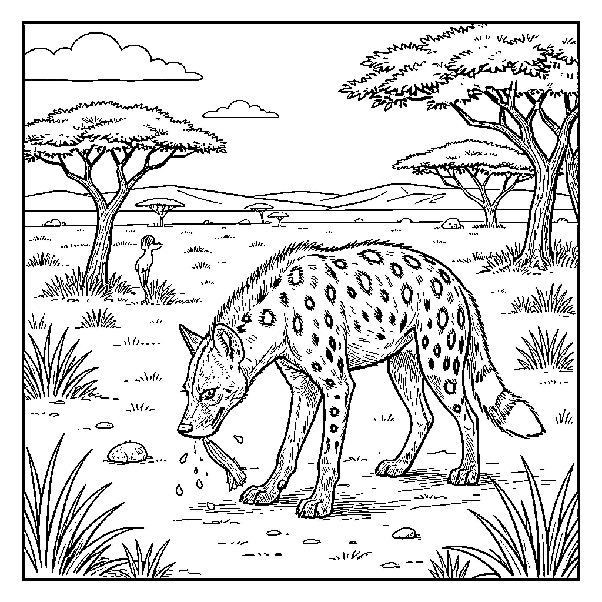 Hyena walking through a vast savanna landscape Coloring Page (free black-and-white line drawing printable PDF for all, from beginners to advanced learners, including children, teens, adults, and seniors)
