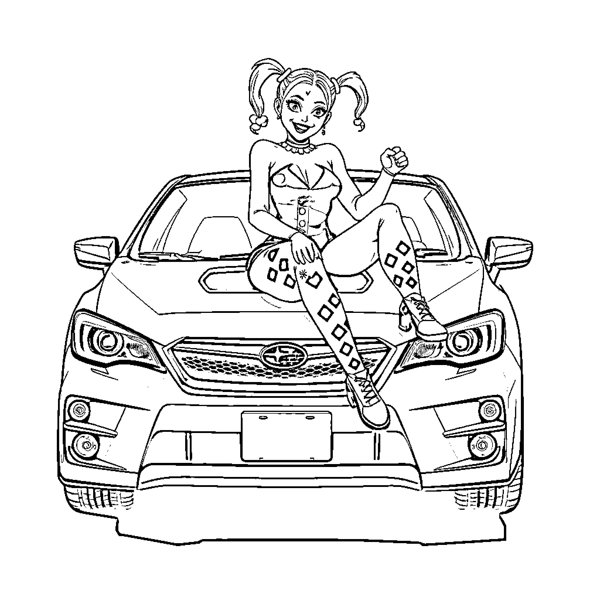 Harley Quinn posing confidently on a car Coloring Page (free black-and-white line drawing printable PDF for all, from beginners to advanced learners, including children, teens, adults, and seniors)