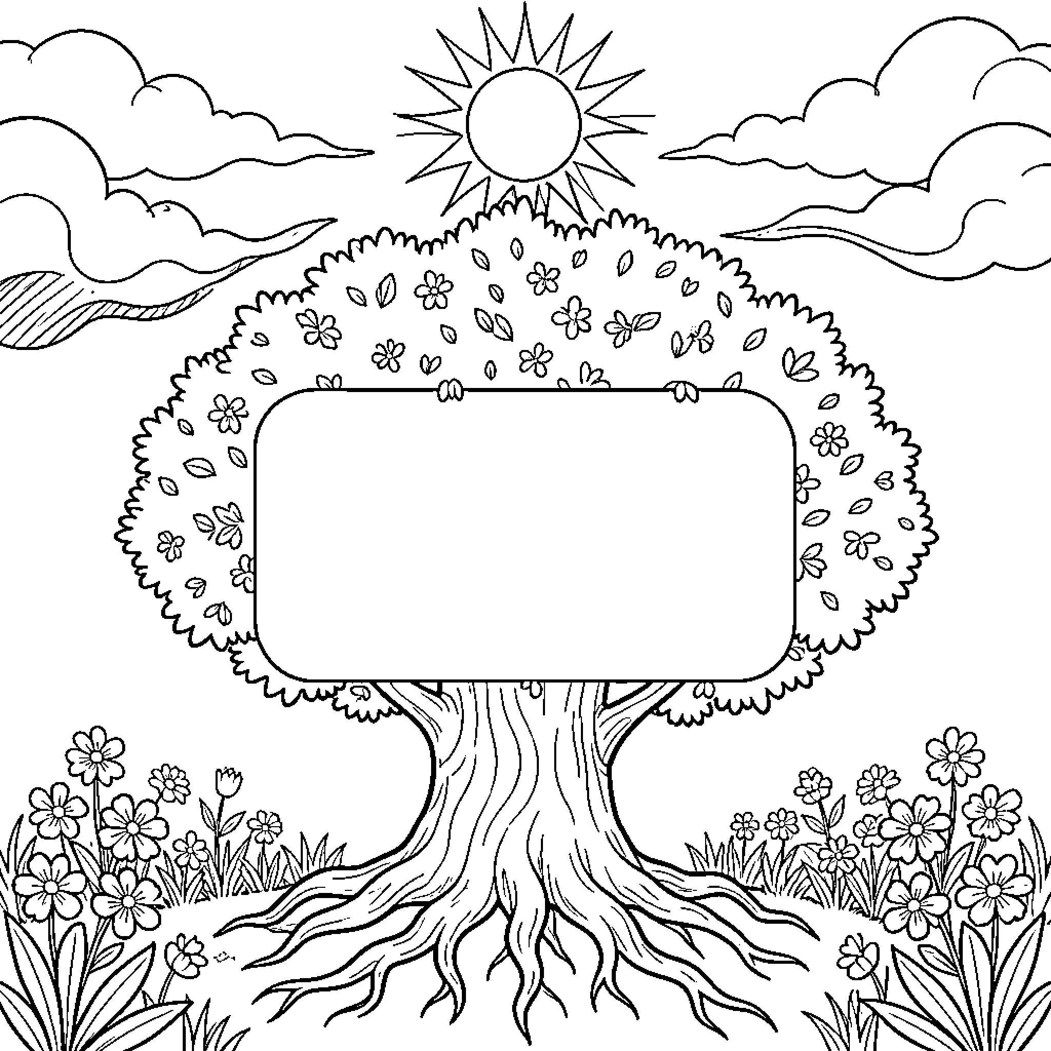 Tree with Floral Frame in Sunny Landscape Coloring Page (free black-and-white line drawing printable PDF for all, from beginners to advanced learners, including children, teens, adults, and seniors)