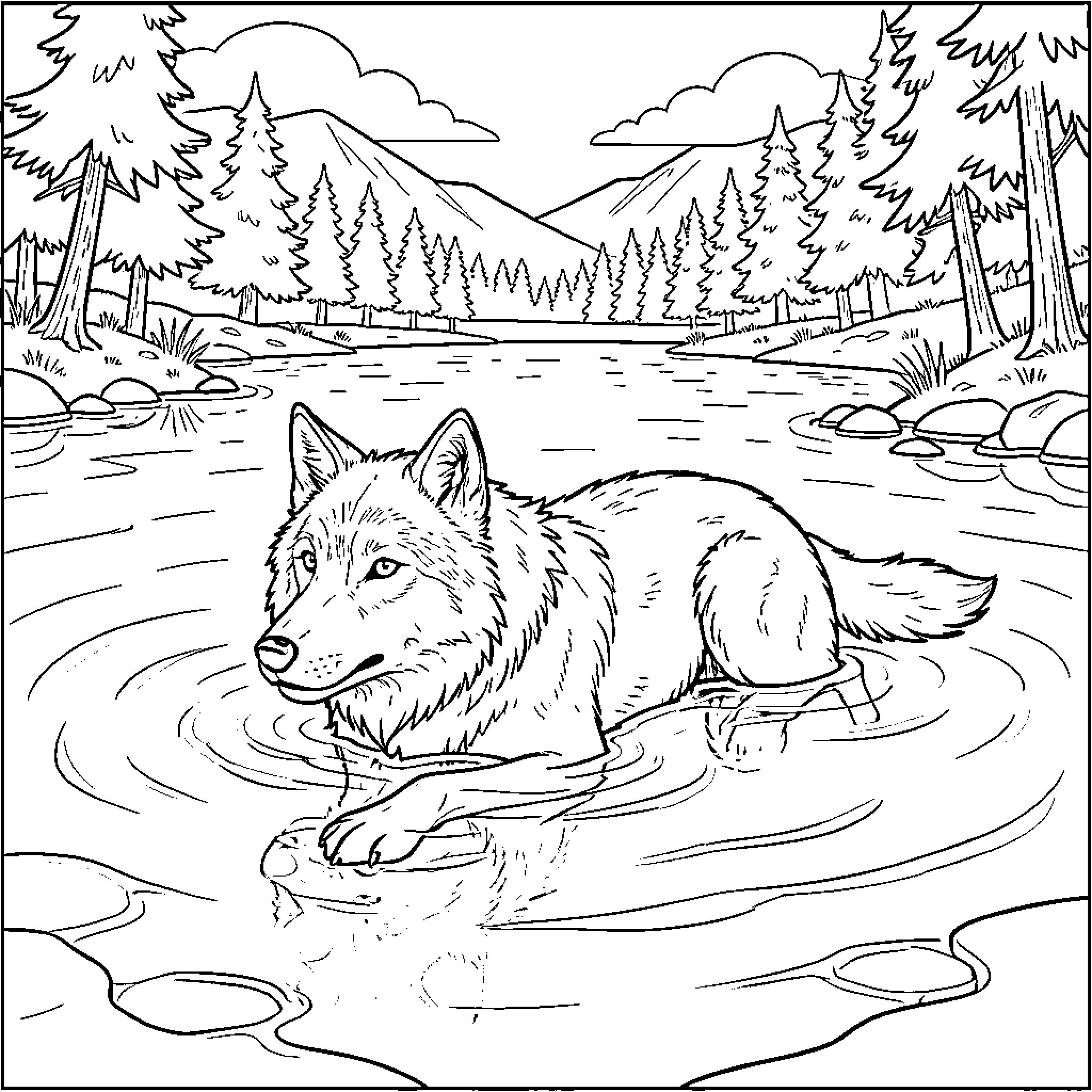 Wolf wading in serene mountain lake Coloring Page (free black-and-white line drawing printable PDF for all, from beginners to advanced learners, including children, teens, adults, and seniors)