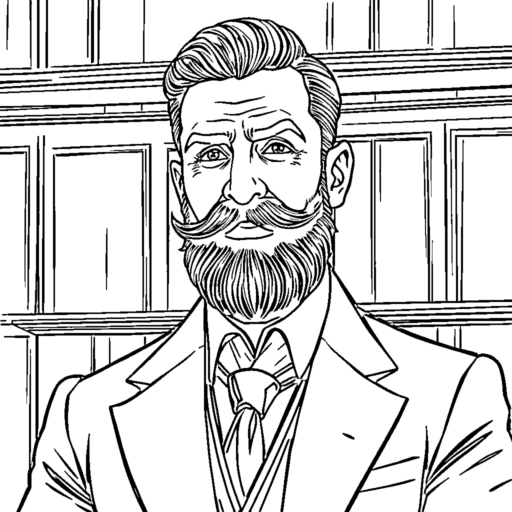 Lawyer in formal attire with distinguished facial hair Coloring Page (free black-and-white line drawing printable PDF for all, from beginners to advanced learners, including children, teens, adults, and seniors)