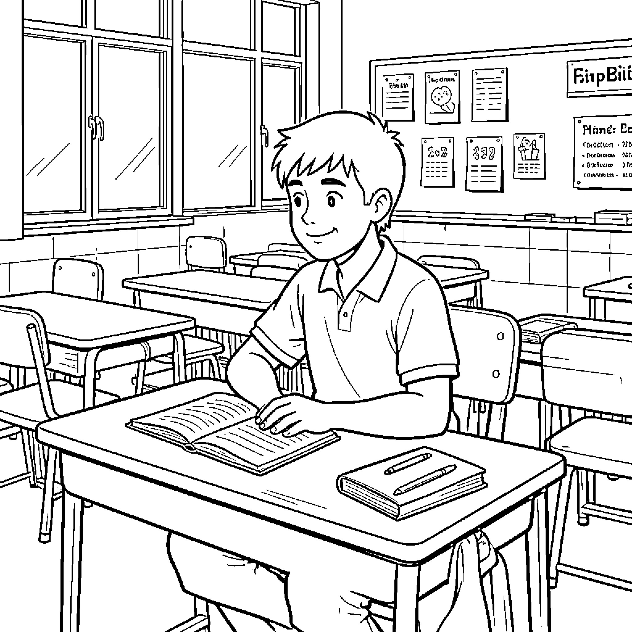 Student sitting at a desk studying in a classroom Coloring Page (free black-and-white line drawing printable PDF for all, from beginners to advanced learners, including children, teens, adults, and seniors)