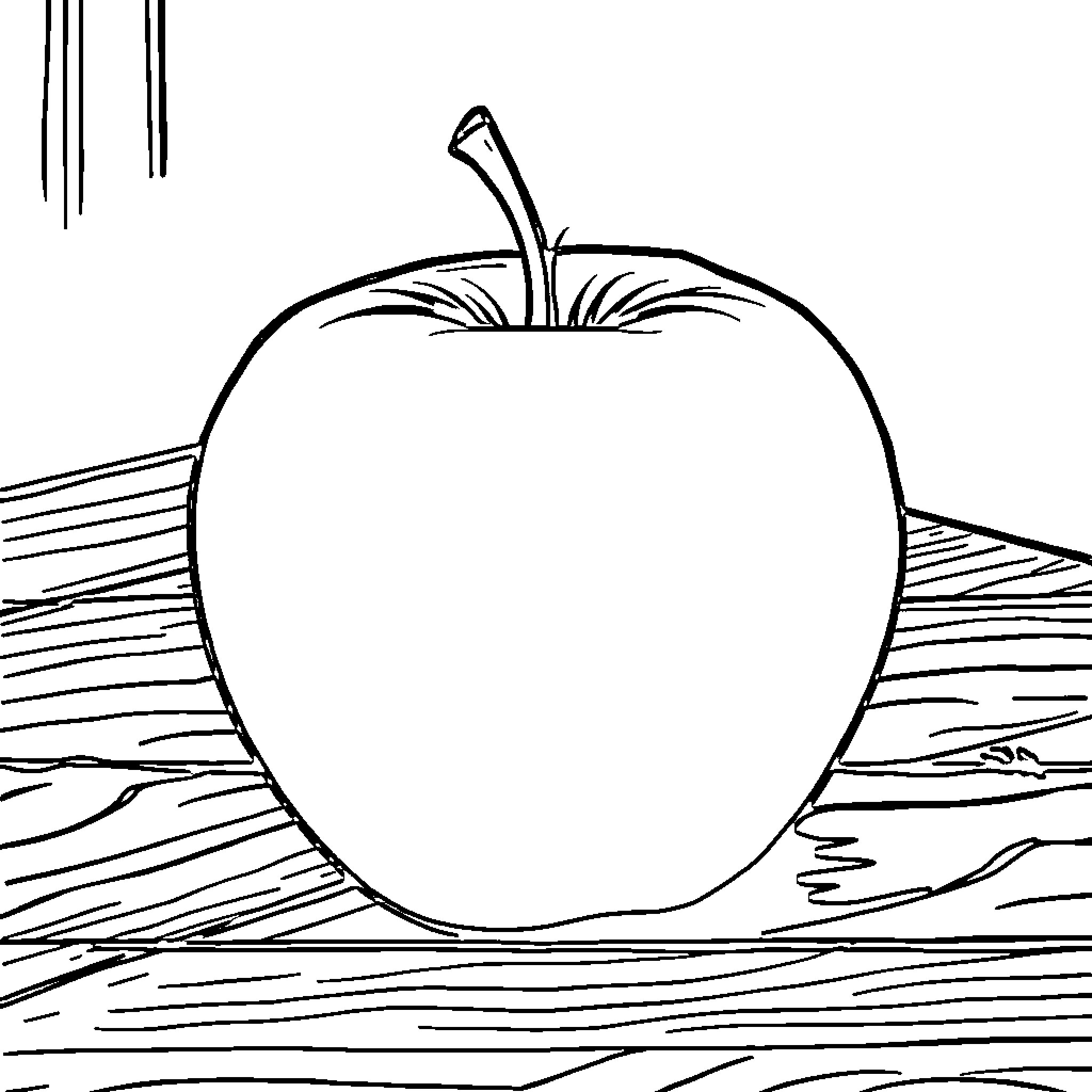 Apple Outlined on Wooden Surface Coloring Page (free black-and-white line drawing printable PDF for all, from beginners to advanced learners, including children, teens, adults, and seniors)