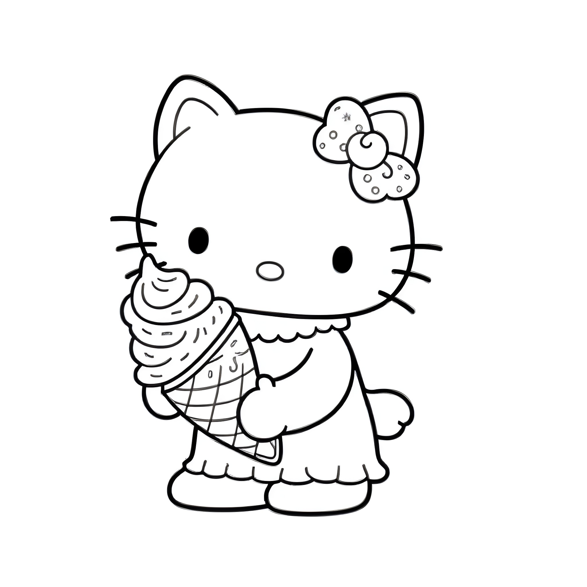 Hello Kitty enjoying ice cream treat Coloring Page (free black-and-white line drawing printable PDF for all, from beginners to advanced learners, including children, teens, adults, and seniors)