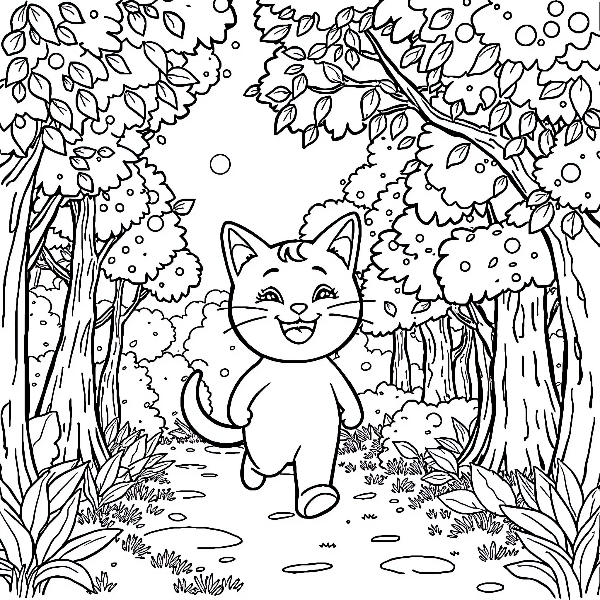 Emojicat enjoying a whimsical woodland adventure Coloring Page (free black-and-white line drawing printable PDF for all, from beginners to advanced learners, including children, teens, adults, and seniors)
