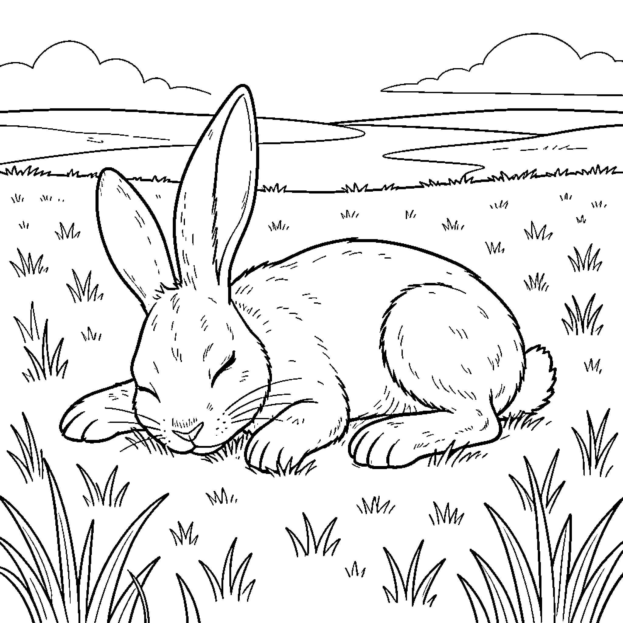 Rabbit relaxing in a peaceful meadow Coloring Page (free black-and-white line drawing printable PDF for all, from beginners to advanced learners, including children, teens, adults, and seniors)