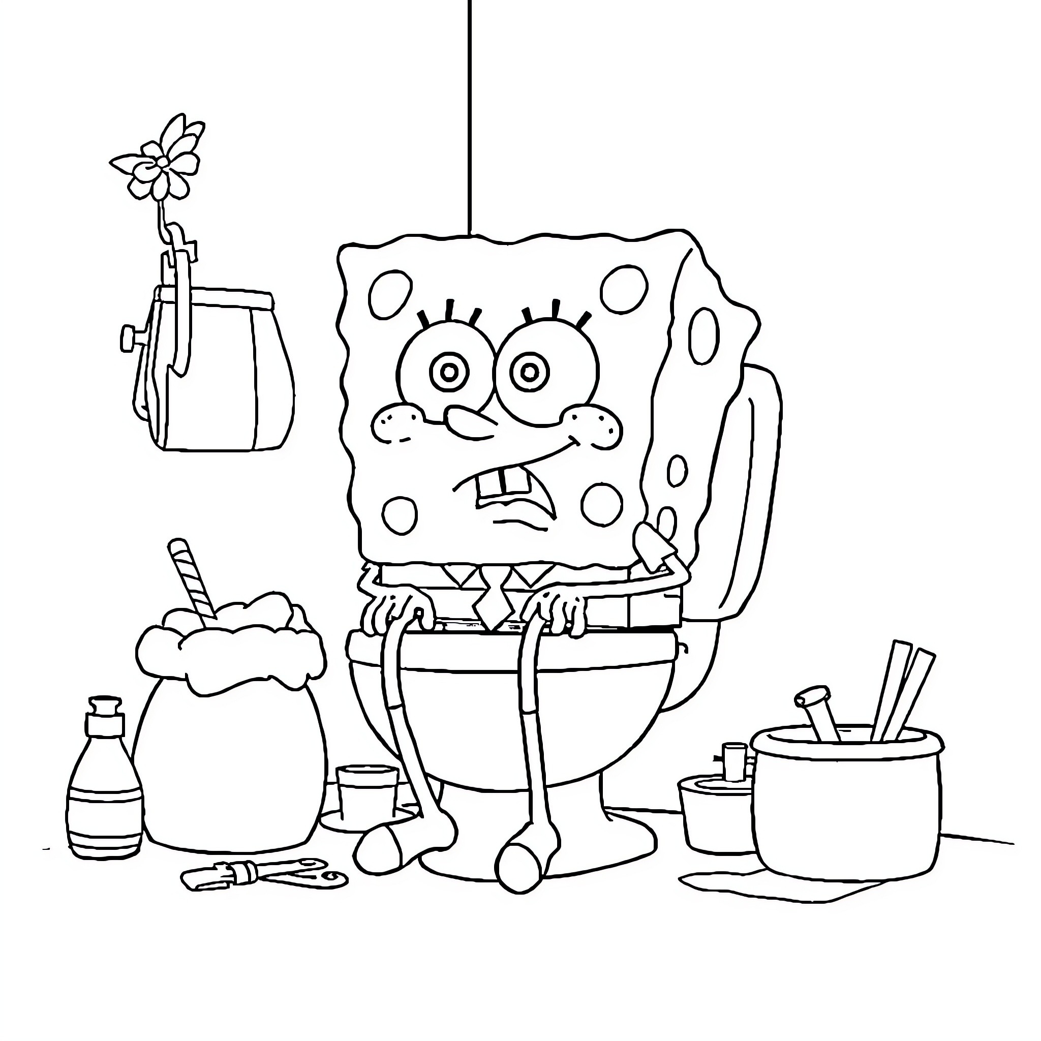 Spongebob making a funny face with cleaning supplies Coloring Page (free black-and-white line drawing printable PDF for all, from beginners to advanced learners, including children, teens, adults, and seniors)