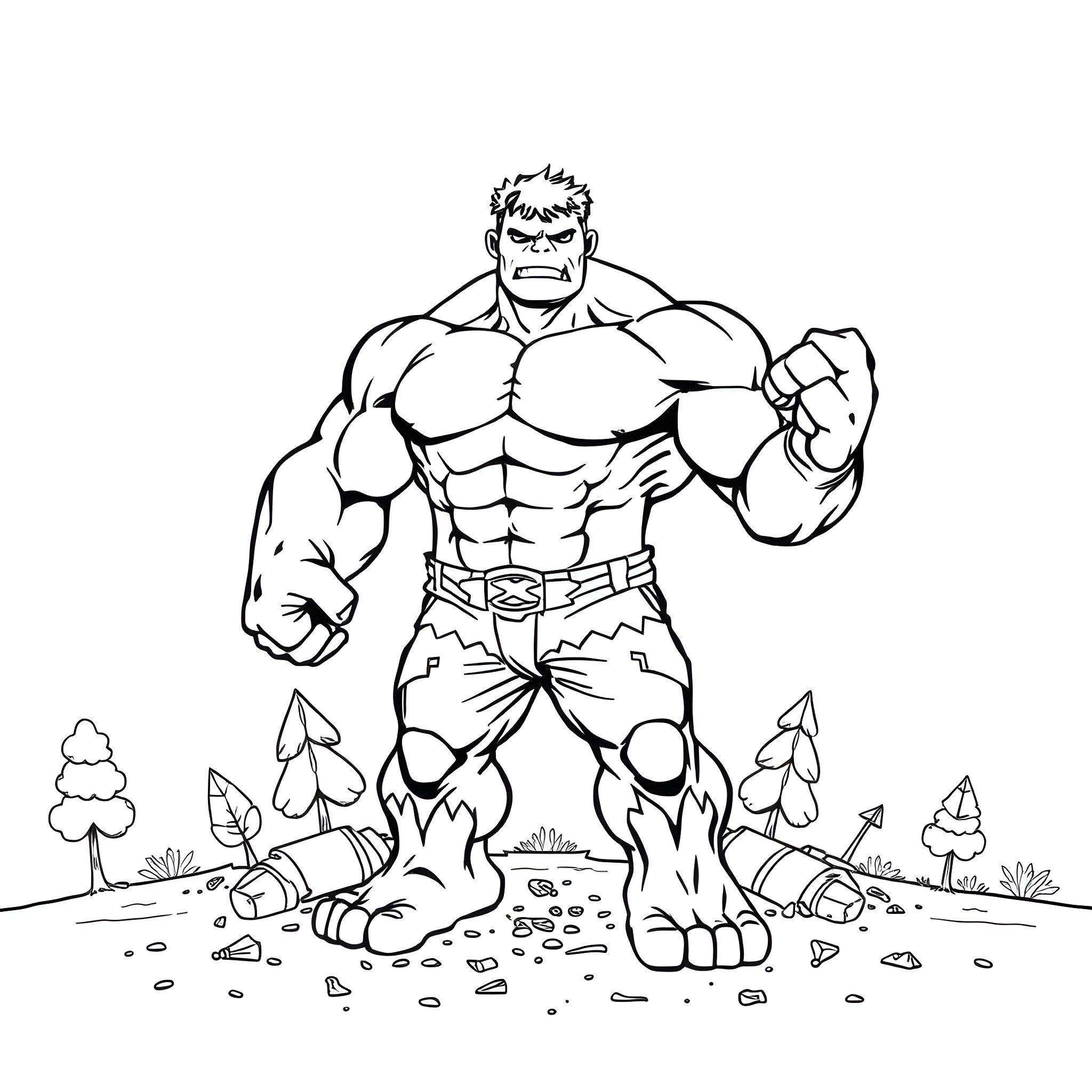 Hulk standing in an outdoor scene Coloring Page (free black-and-white line drawing printable PDF for all, from beginners to advanced learners, including children, teens, adults, and seniors)