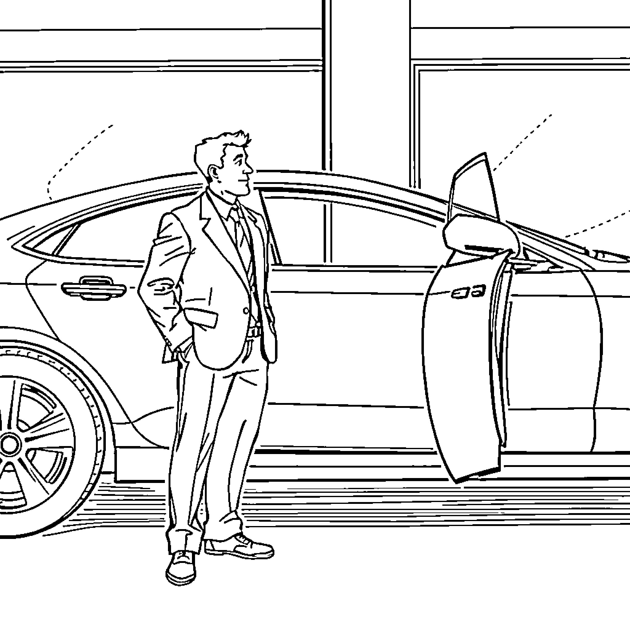 Salesman examining luxury car in showroom Coloring Page (free black-and-white line drawing printable PDF for all, from beginners to advanced learners, including children, teens, adults, and seniors)