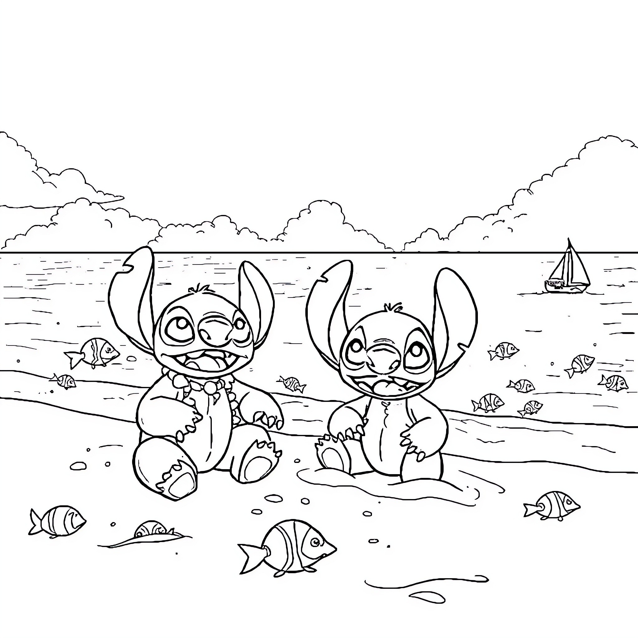 Lilo's Adventures with Stitch on the Beach Coloring Page (free black-and-white line drawing printable PDF for all, from beginners to advanced learners, including children, teens, adults, and seniors)