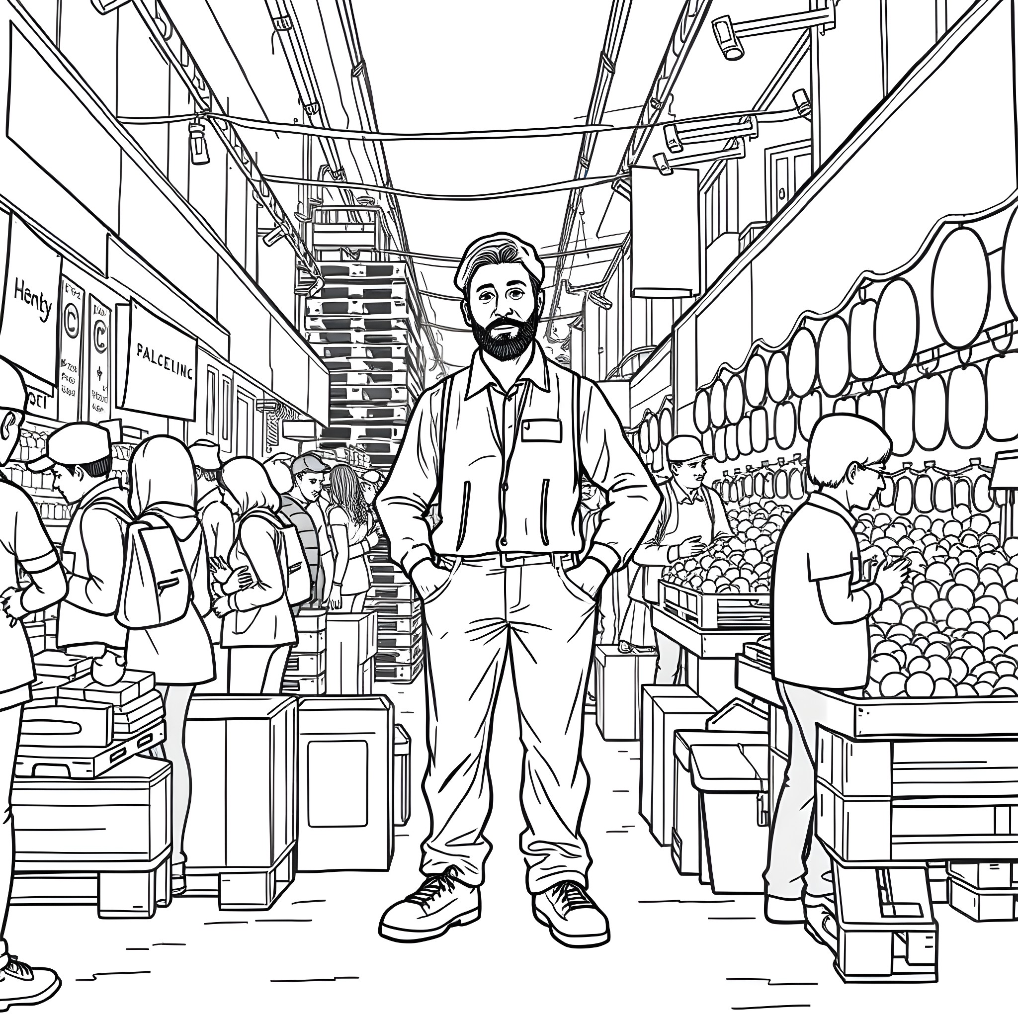 Salesman interacting with customers in a busy marketplace Coloring Page (free black-and-white line drawing printable PDF for all, from beginners to advanced learners, including children, teens, adults, and seniors)