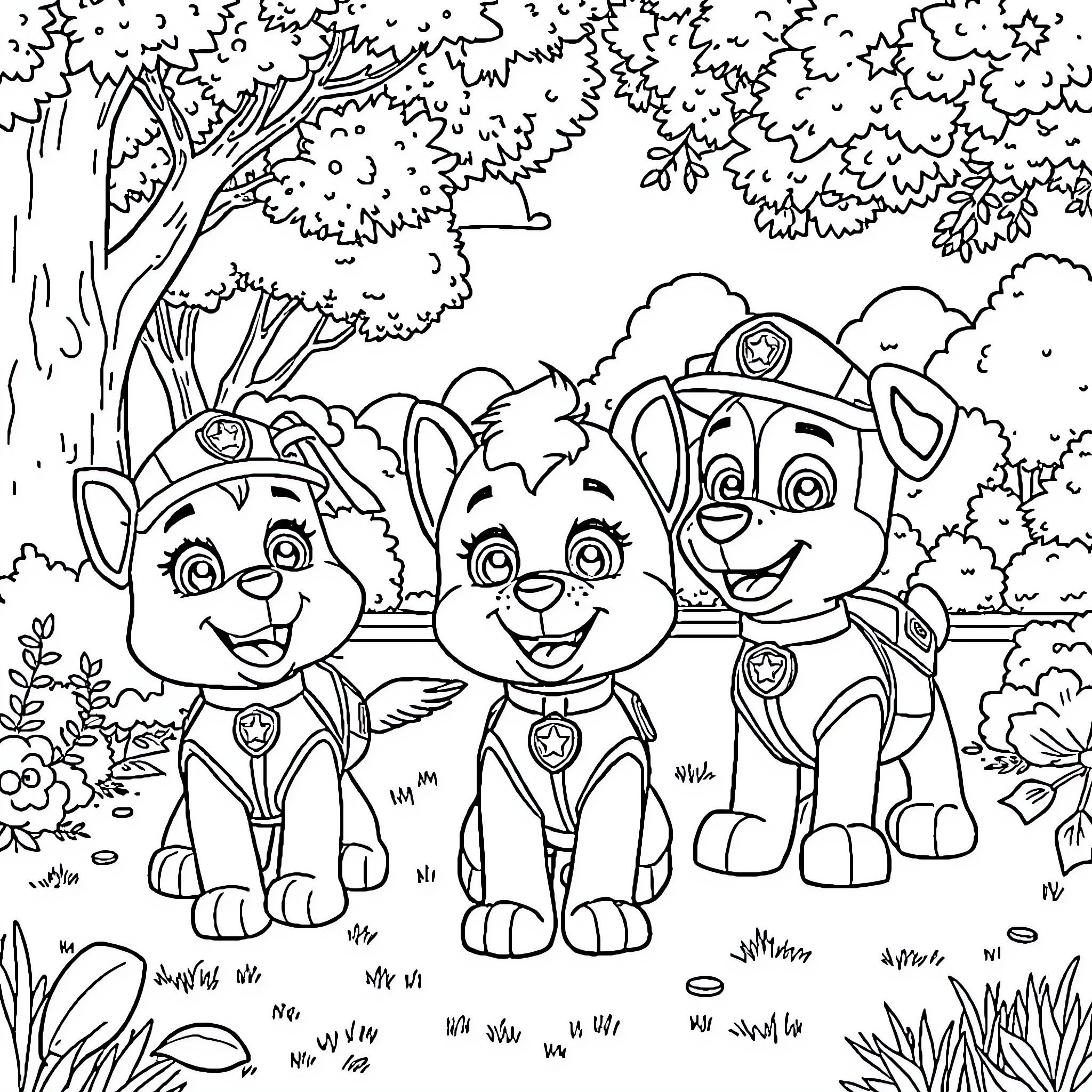 Winnie and the Paw Patrol Pups in the Forest Coloring Page (free black-and-white line drawing printable PDF for all, from beginners to advanced learners, including children, teens, adults, and seniors)