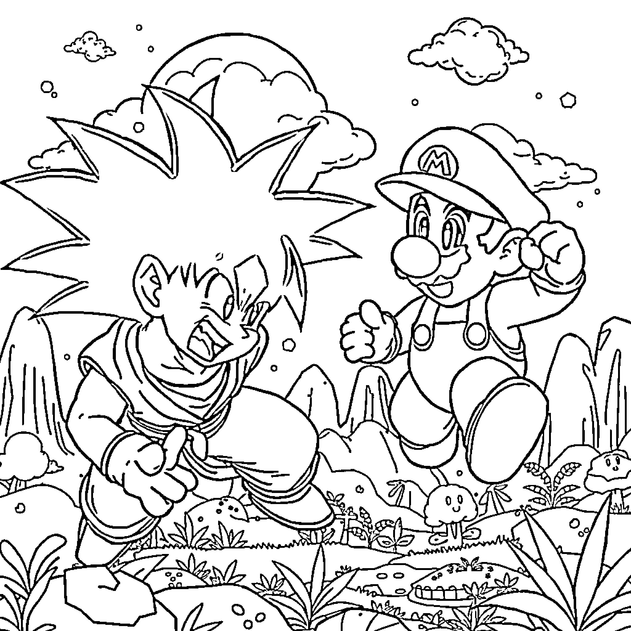 Goku and Mario characters in an action-packed scene Coloring Page (free black-and-white line drawing printable PDF for all, from beginners to advanced learners, including children, teens, adults, and seniors)