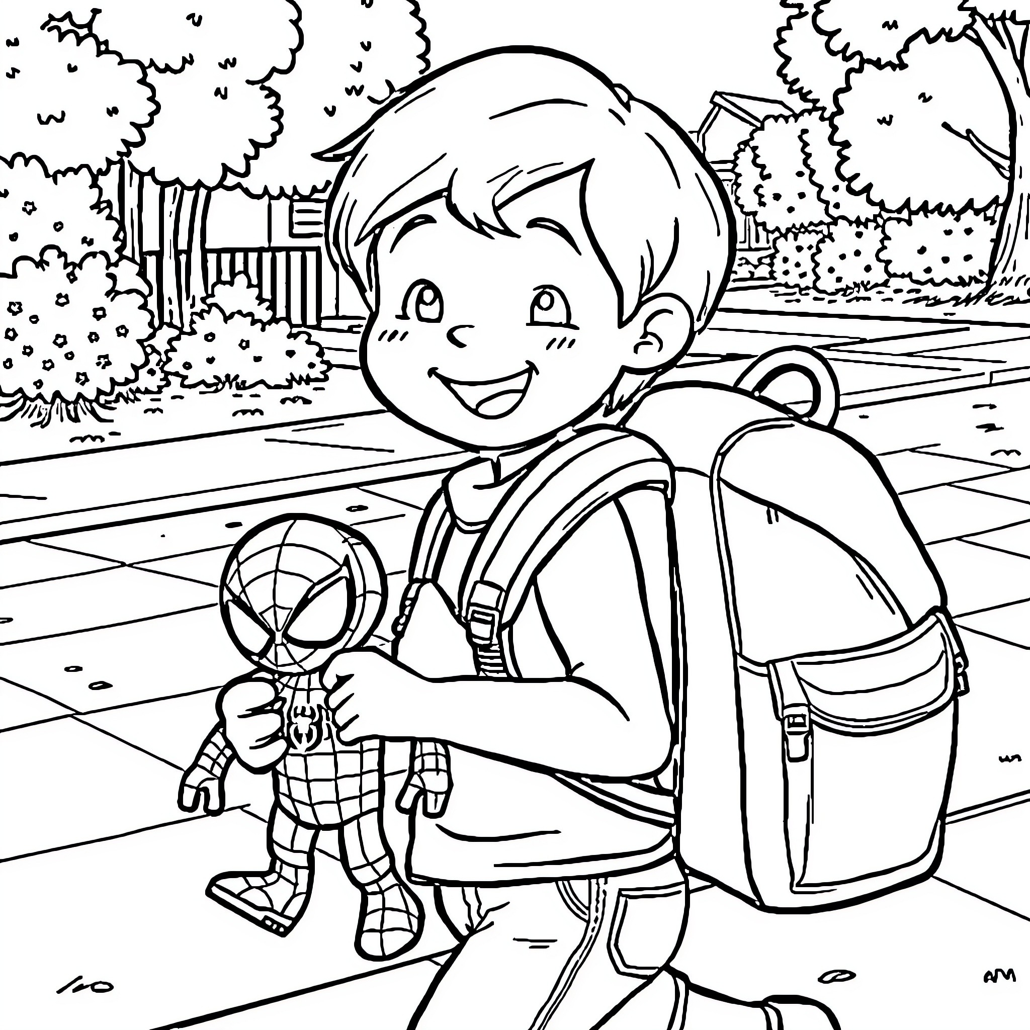 Kid playing with superhero toy on the way to school Coloring Page (free black-and-white line drawing printable PDF for all, from beginners to advanced learners, including children, teens, adults, and seniors)