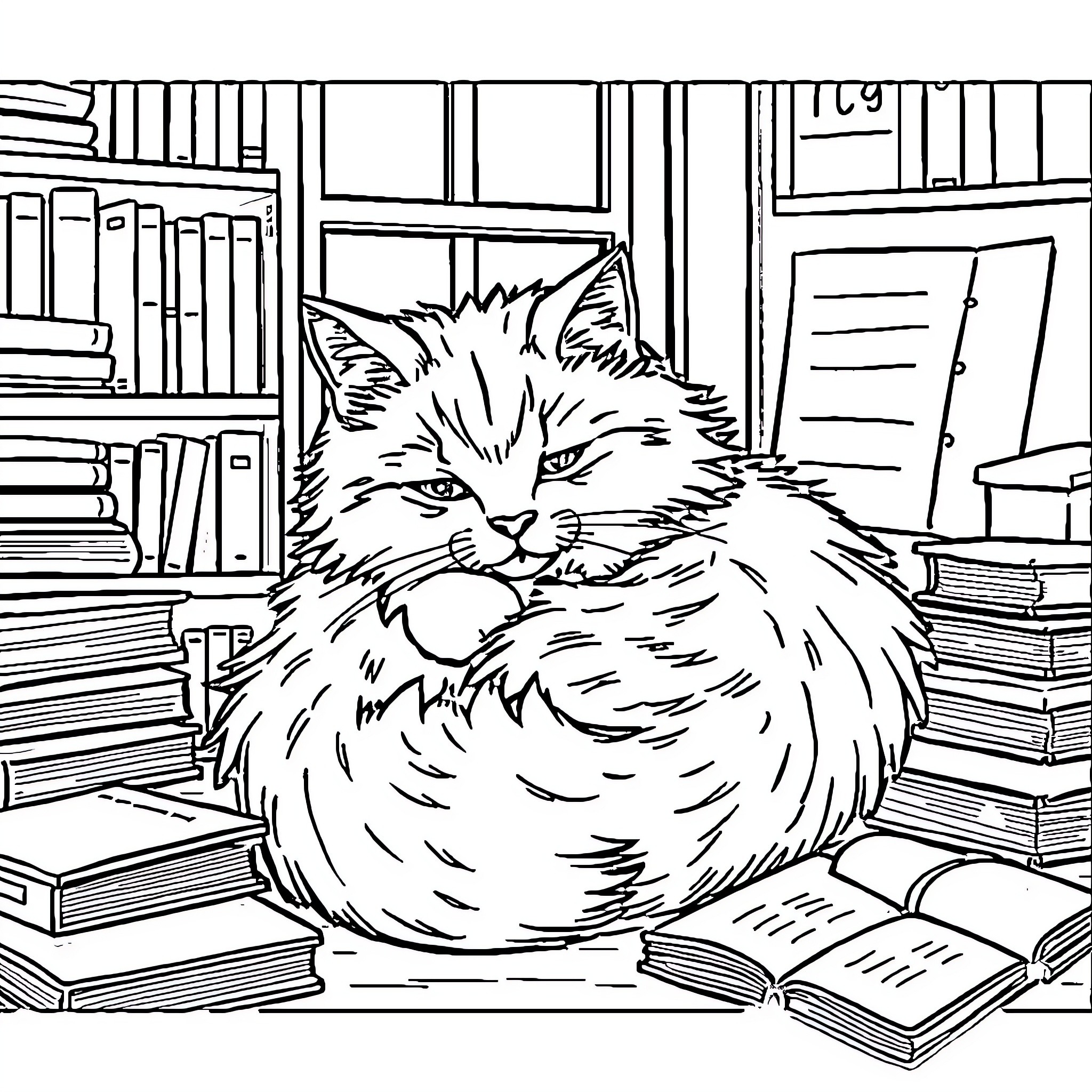 Cat Resting Among Books on Shelves Coloring Page (free black-and-white line drawing printable PDF for all, from beginners to advanced learners, including children, teens, adults, and seniors)