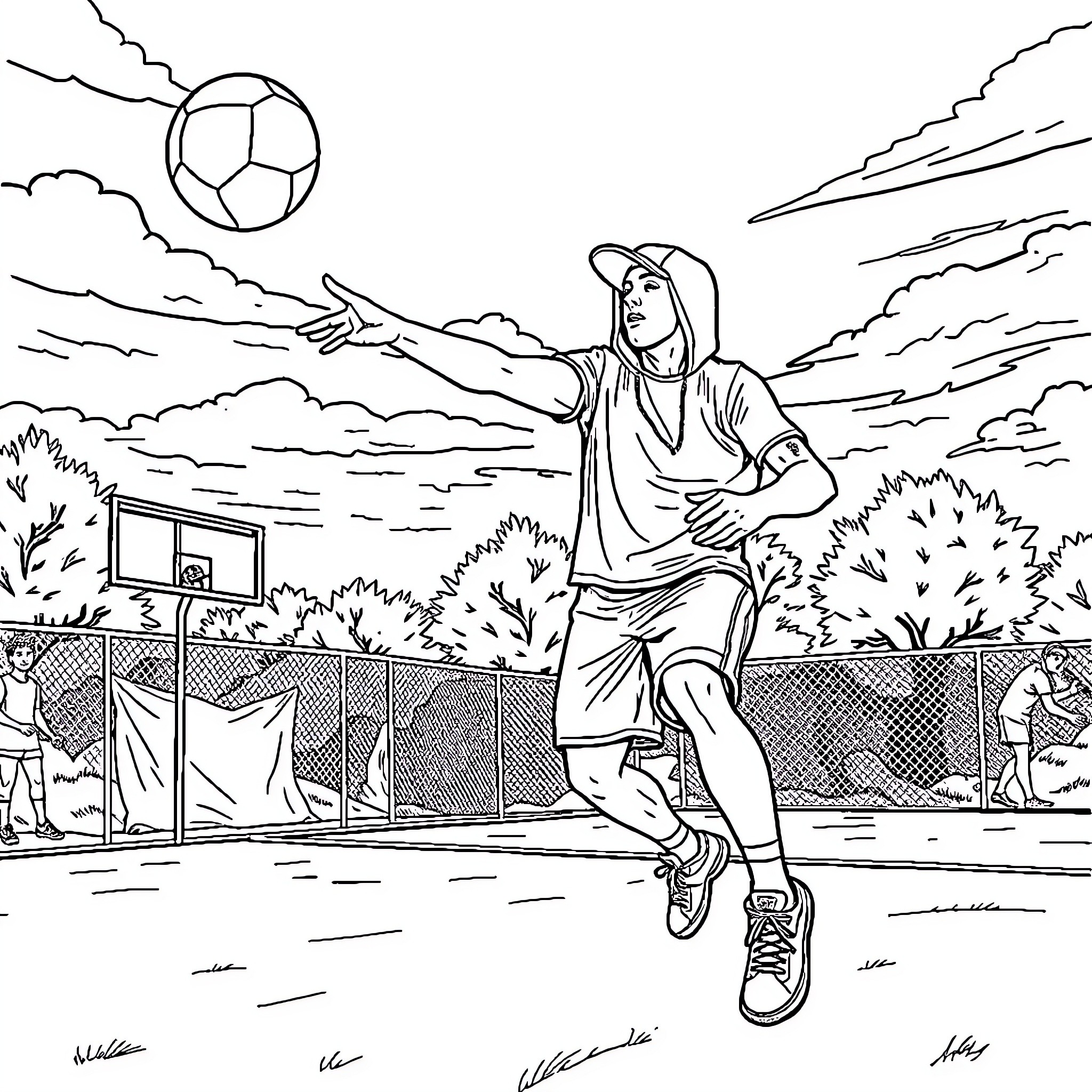 Eminem Playing Soccer on the Field Coloring Page (free black-and-white line drawing printable PDF for all, from beginners to advanced learners, including children, teens, adults, and seniors)