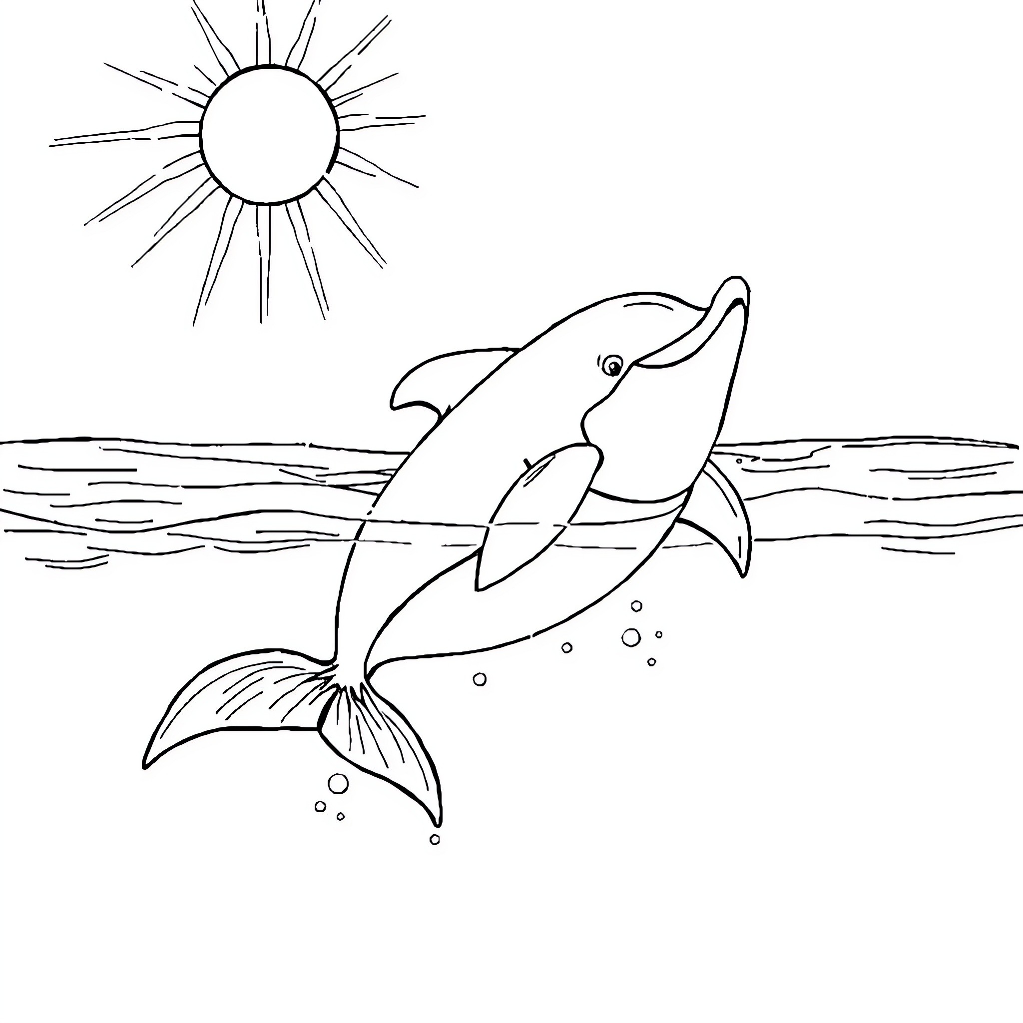 Dolphin swimming happily in the ocean Coloring Page (free black-and-white line drawing printable PDF for all, from beginners to advanced learners, including children, teens, adults, and seniors)