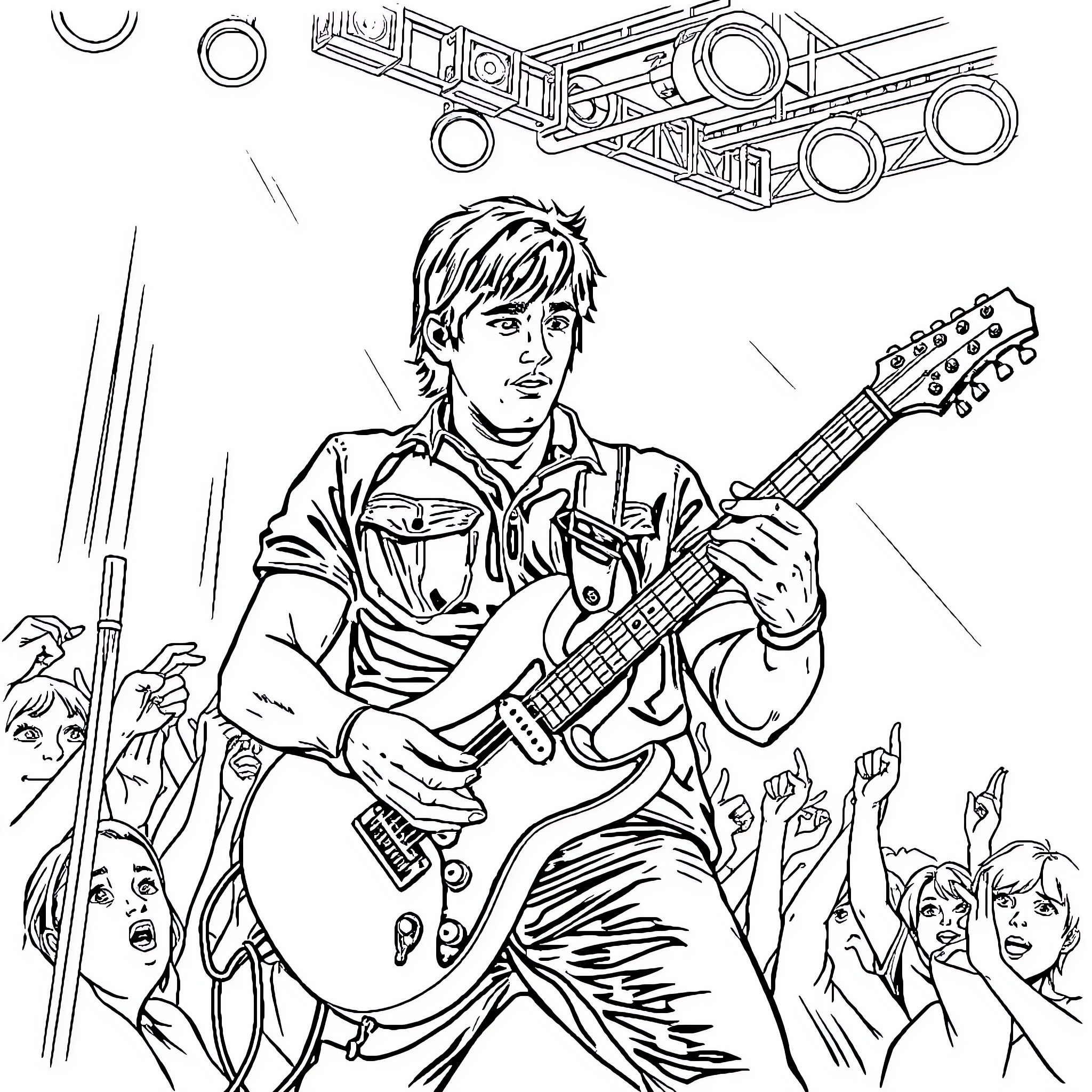 Leon Kennedy performing on stage with electric guitar Coloring Page (free black-and-white line drawing printable PDF for all, from beginners to advanced learners, including children, teens, adults, and seniors)