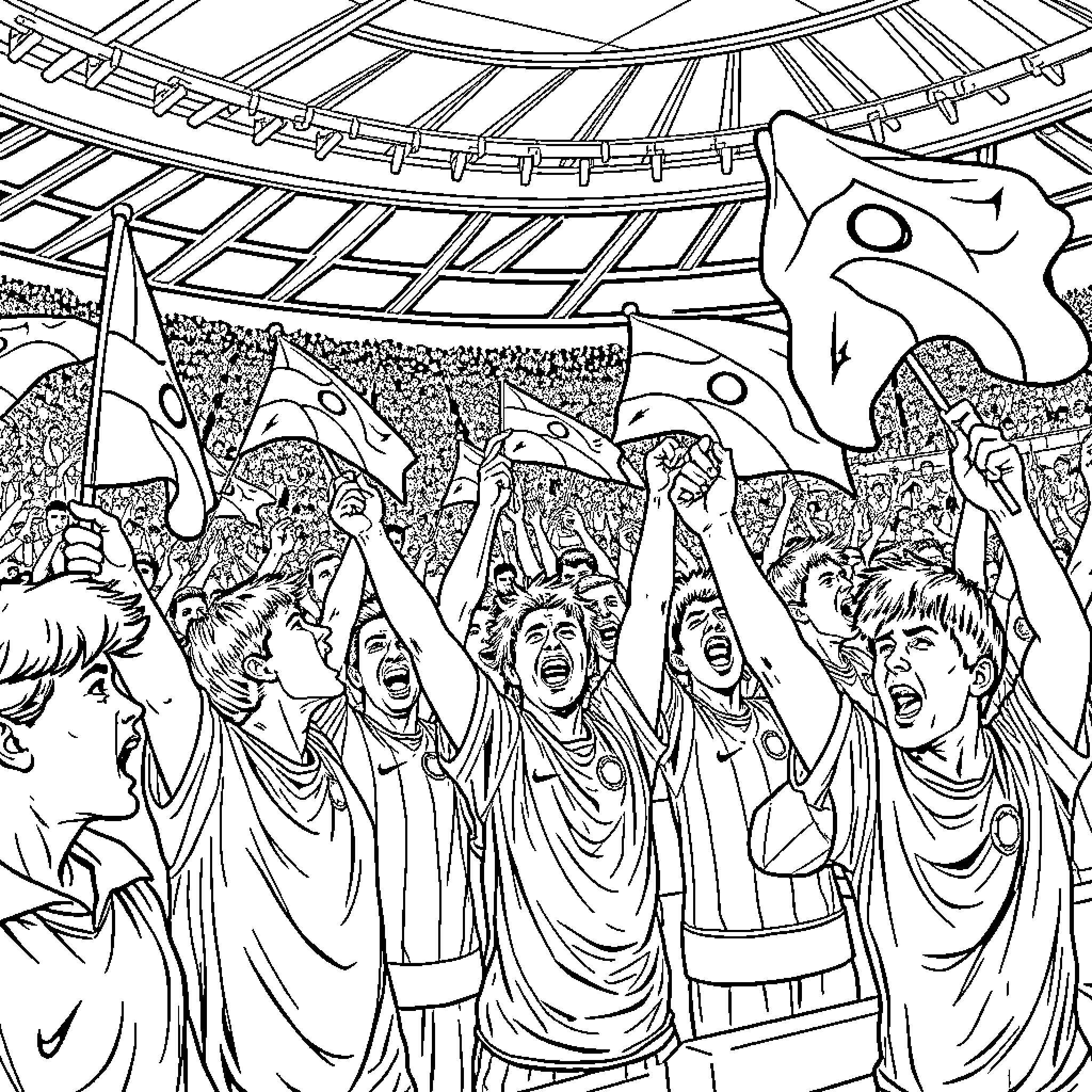 Ultras celebrating passionately in a packed stadium Coloring Page (free black-and-white line drawing printable PDF for all, from beginners to advanced learners, including children, teens, adults, and seniors)