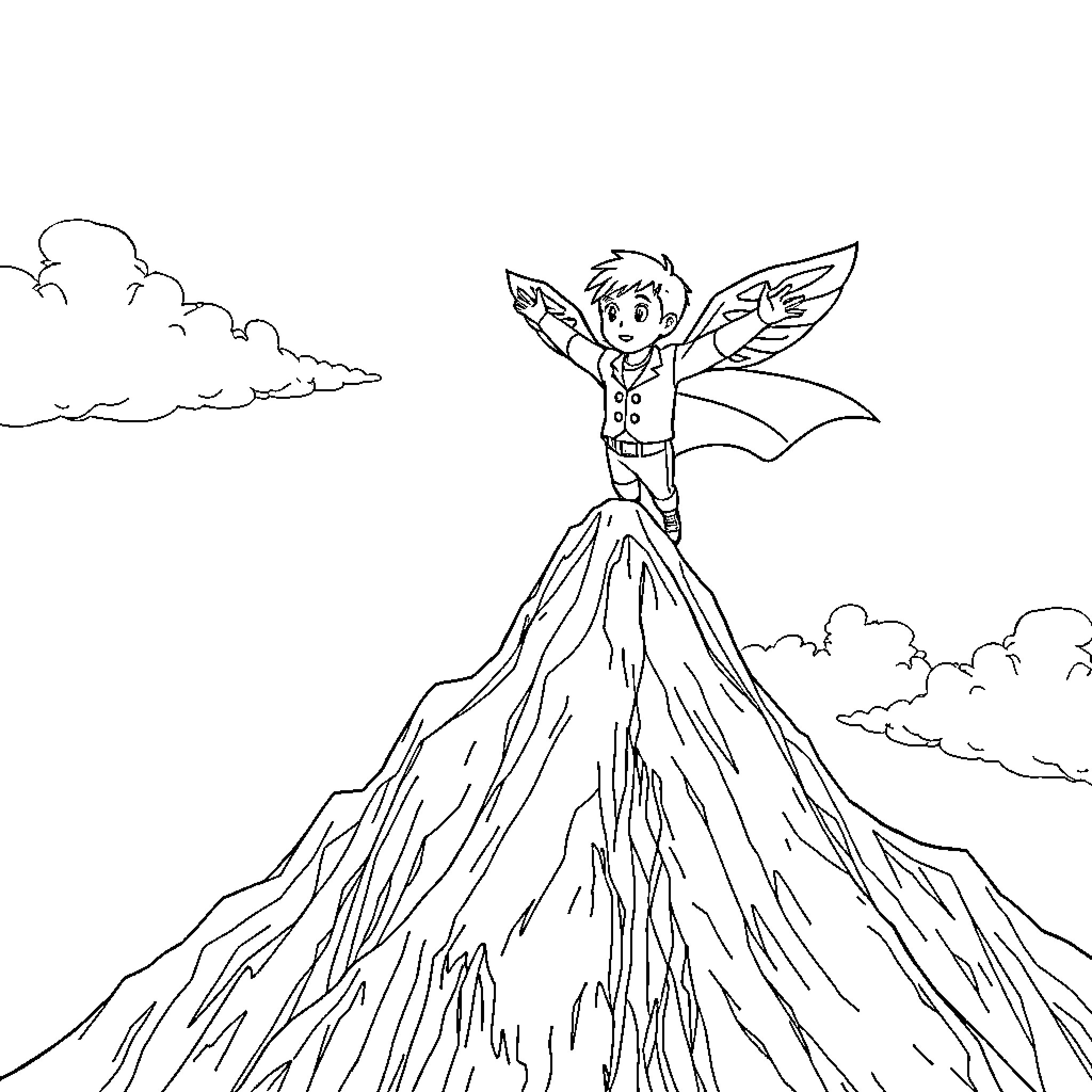 Niño soaring on mountain peak with wings Coloring Page (free black-and-white line drawing printable PDF for all, from beginners to advanced learners, including children, teens, adults, and seniors)