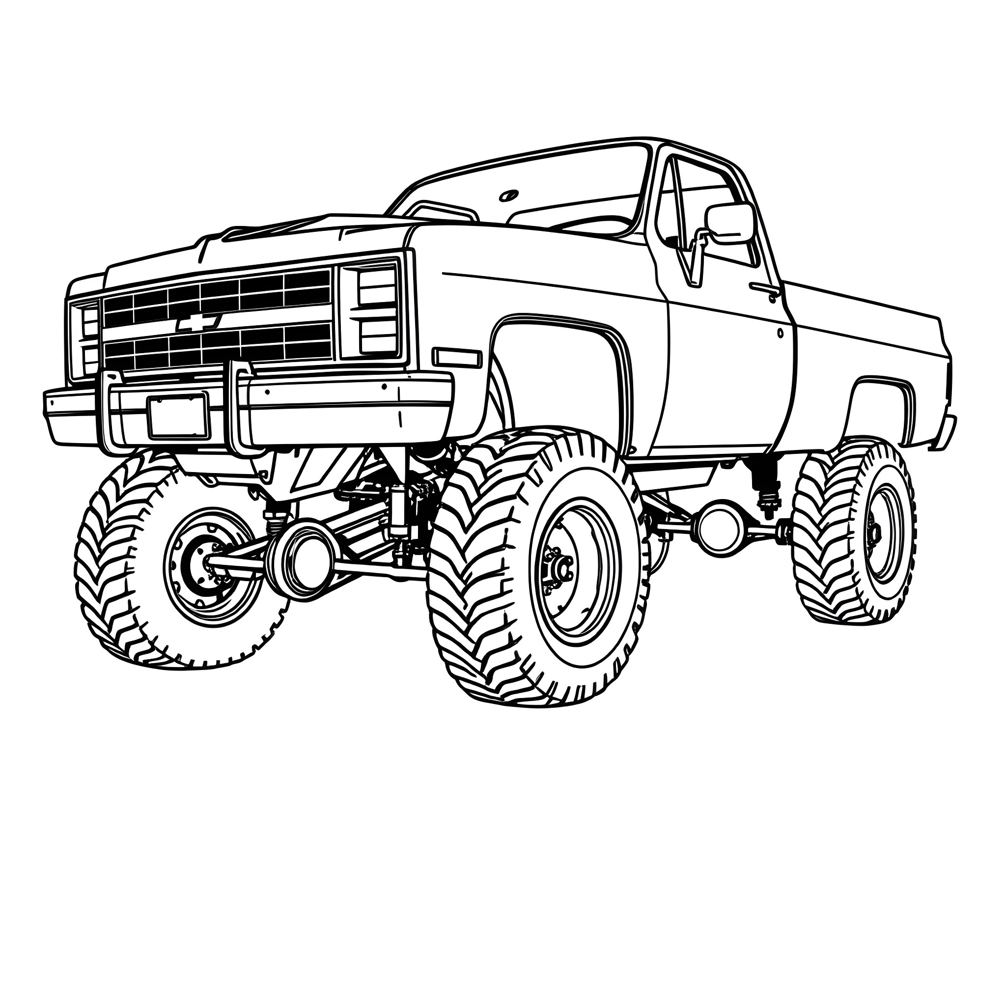 Chevy monster truck off-roading in rugged terrain Coloring Page (free black-and-white line drawing printable PDF for all, from beginners to advanced learners, including children, teens, adults, and seniors)