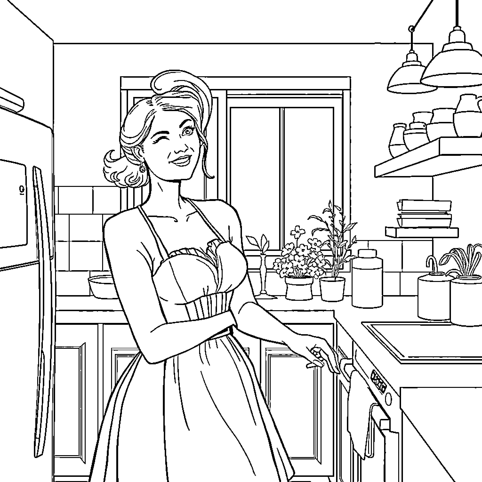 Woman enjoying time in the kitchen Coloring Page (free black-and-white line drawing printable PDF for all, from beginners to advanced learners, including children, teens, adults, and seniors)