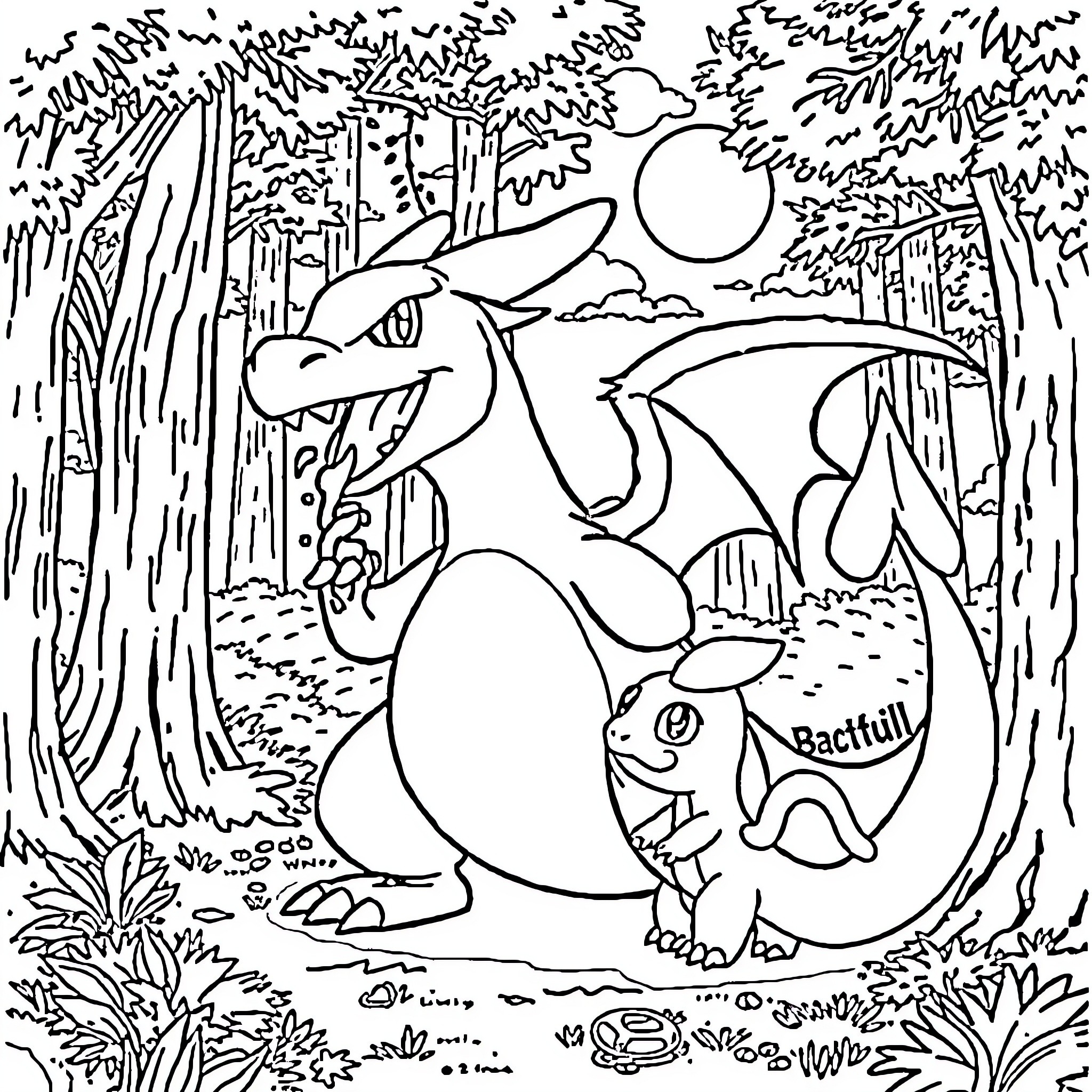 Charizard and Bactiull exploring the forest Coloring Page (free black-and-white line drawing printable PDF for all, from beginners to advanced learners, including children, teens, adults, and seniors)