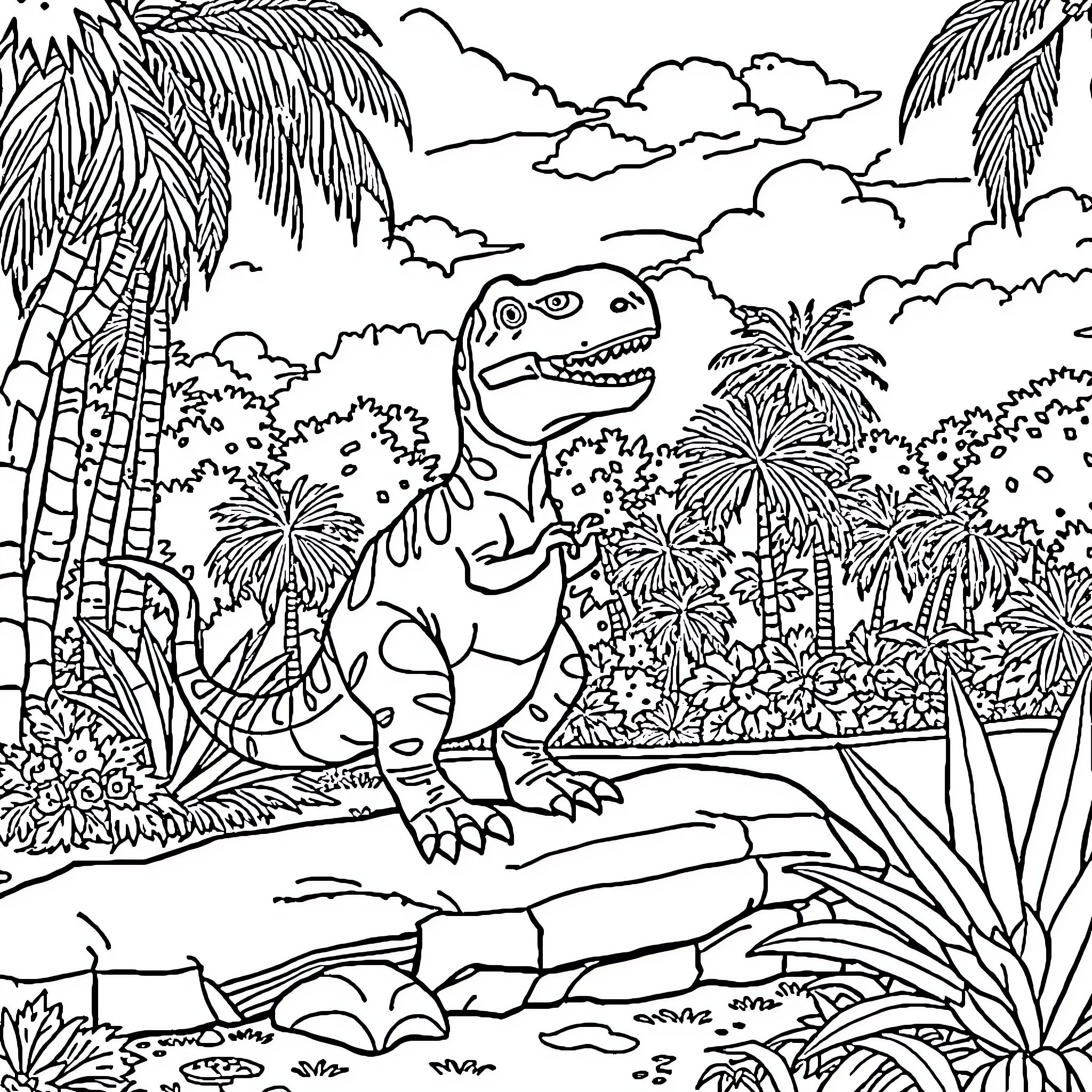 Dinosaur in a tropical jungle scene Coloring Page (free black-and-white line drawing printable PDF for all, from beginners to advanced learners, including children, teens, adults, and seniors)