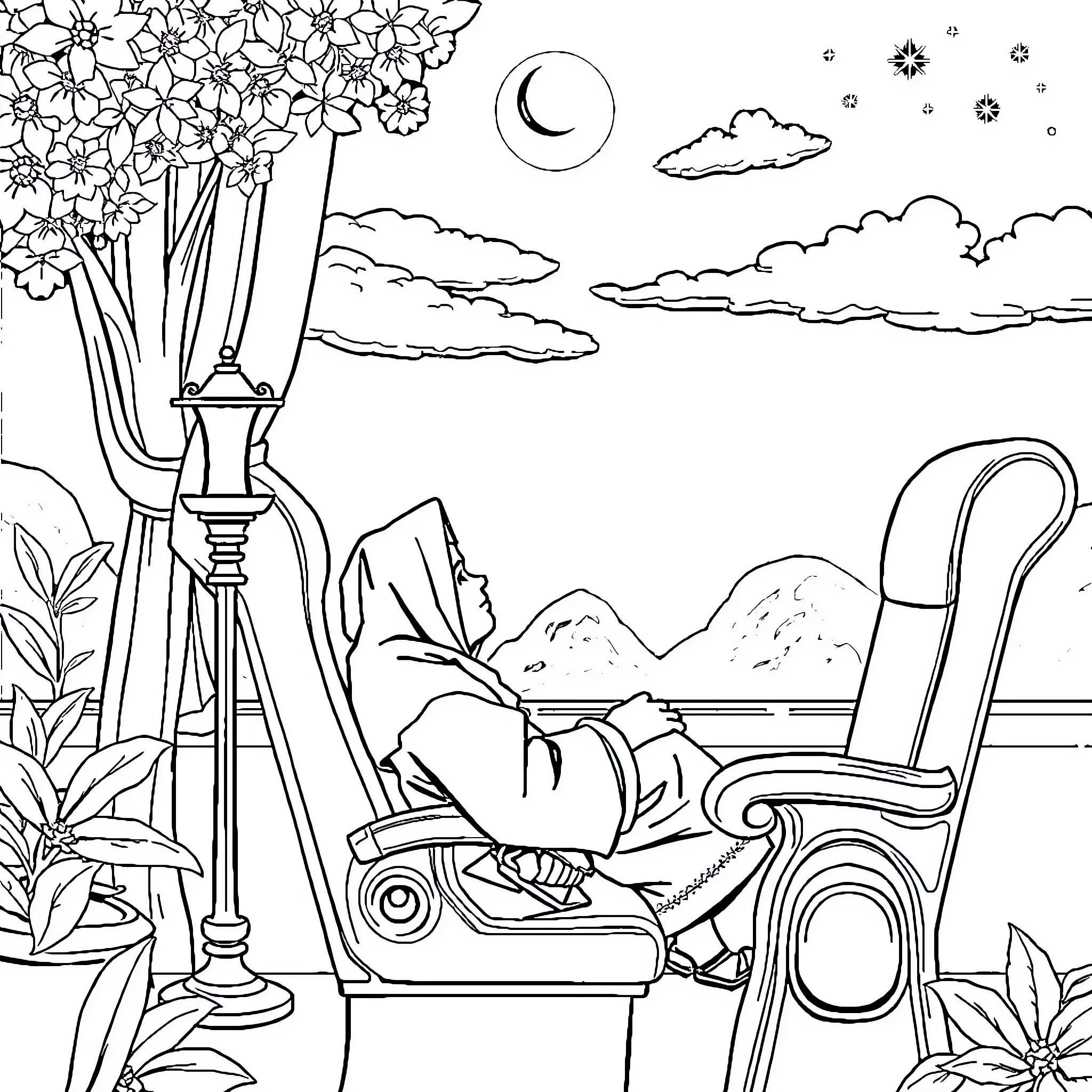 Pemuda enjoying peaceful evening in nature Coloring Page (free black-and-white line drawing printable PDF for all, from beginners to advanced learners, including children, teens, adults, and seniors)