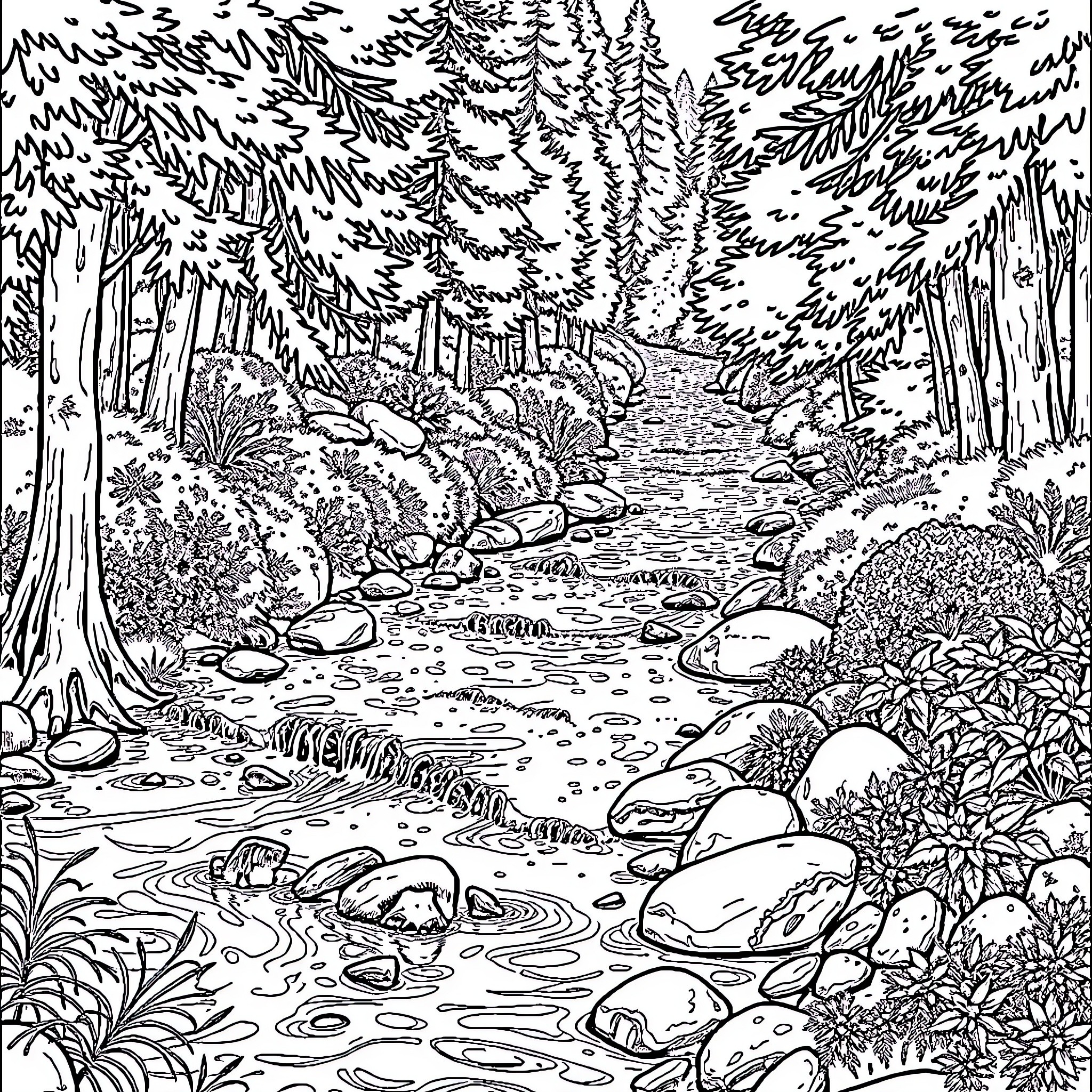 Creek winding through a lush forest landscape Coloring Page (free black-and-white line drawing printable PDF for all, from beginners to advanced learners, including children, teens, adults, and seniors)