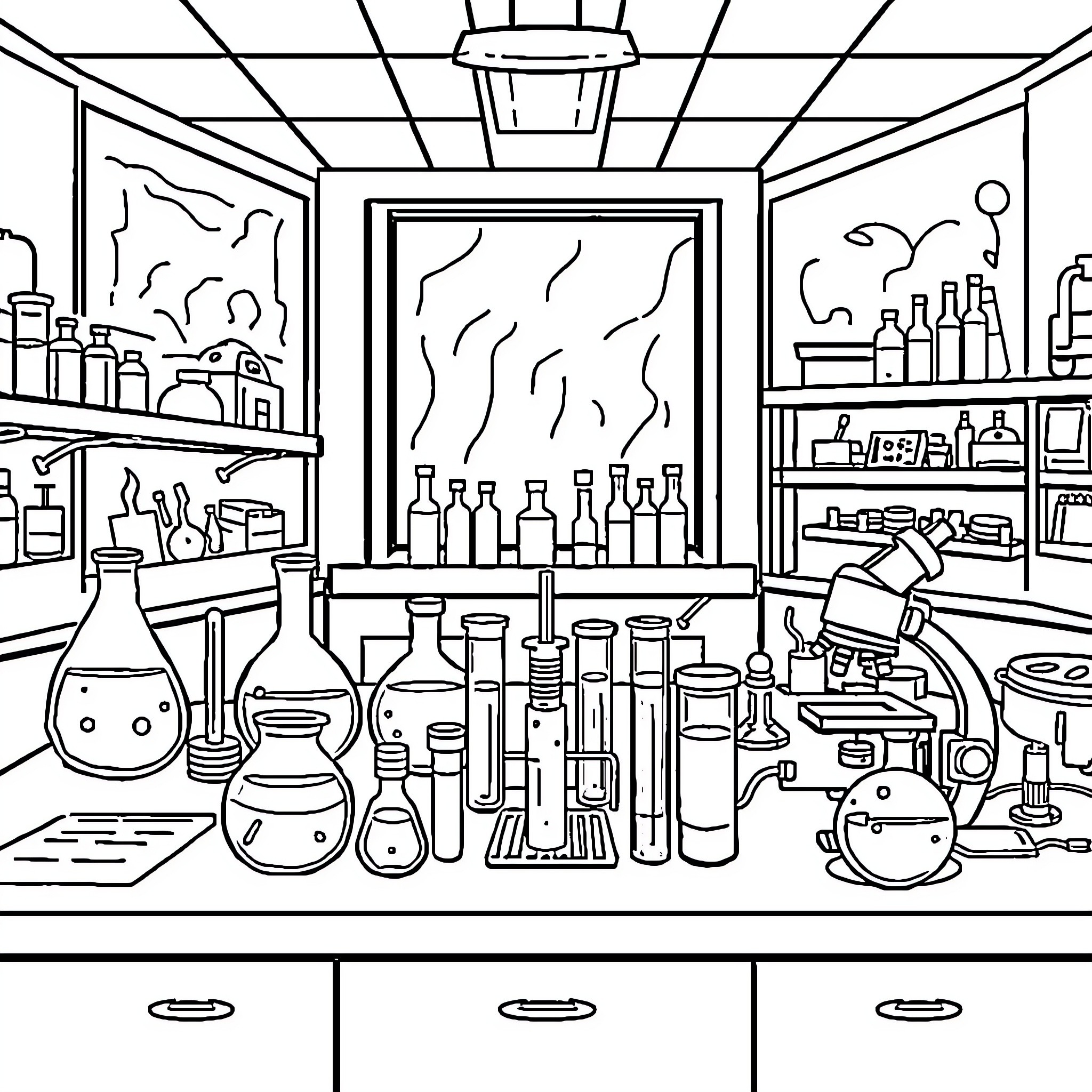 Science Lab with Various Experimental Equipment Coloring Page (free black-and-white line drawing printable PDF for all, from beginners to advanced learners, including children, teens, adults, and seniors)