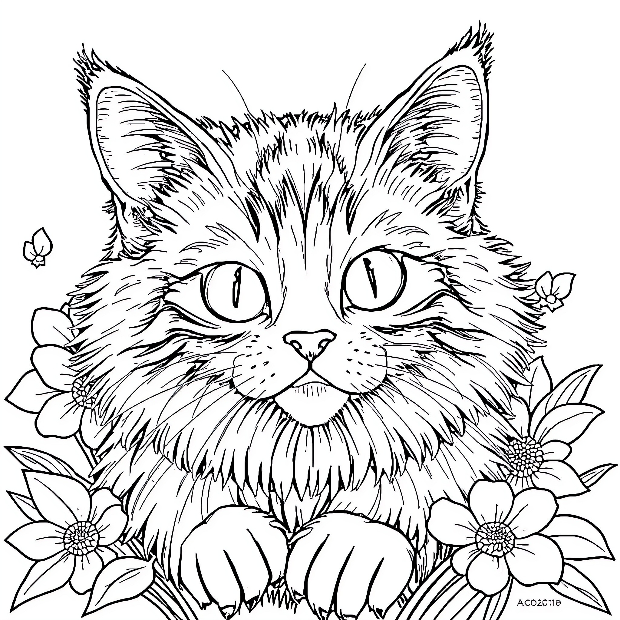 Cat with Flowers Coloring Page (free black-and-white line drawing printable PDF for all, from beginners to advanced learners, including children, teens, adults, and seniors)