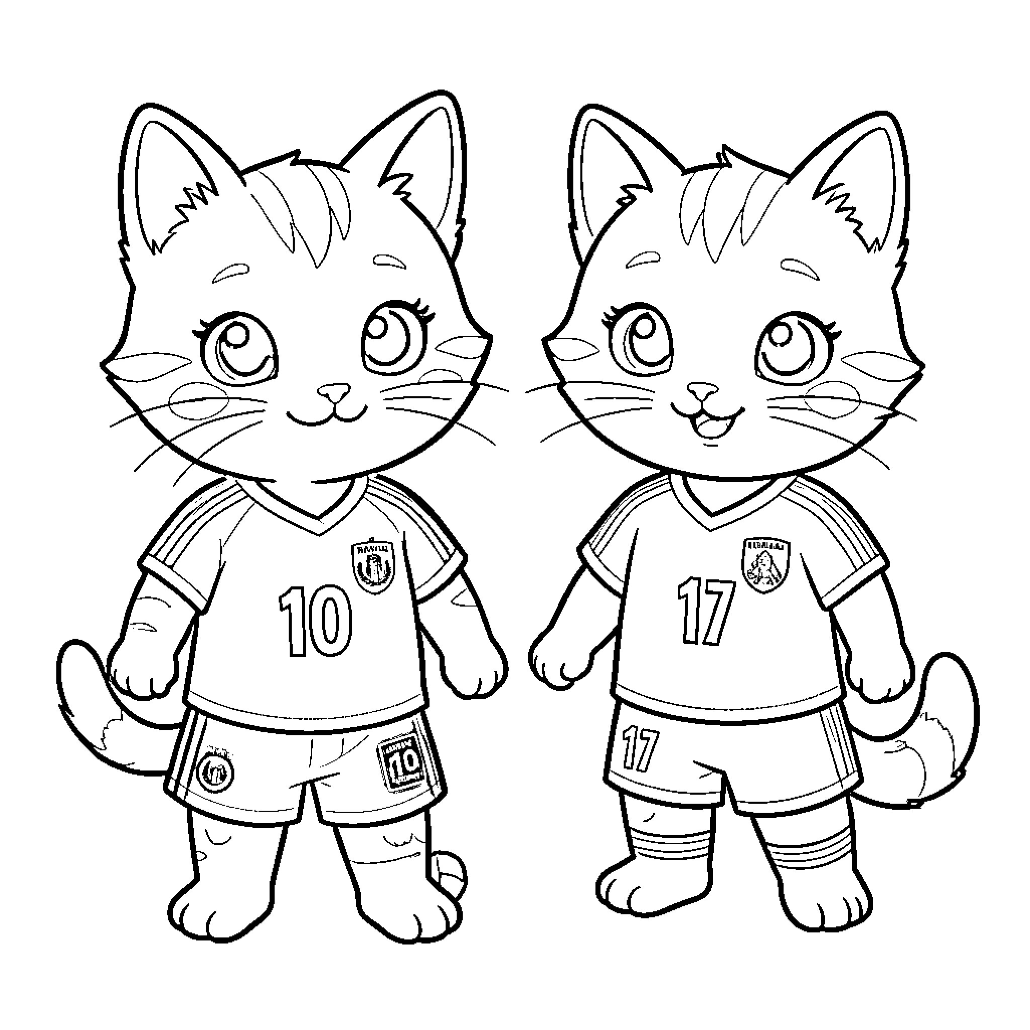 Kitten soccer players in uniform Coloring Page (free black-and-white line drawing printable PDF for all, from beginners to advanced learners, including children, teens, adults, and seniors)