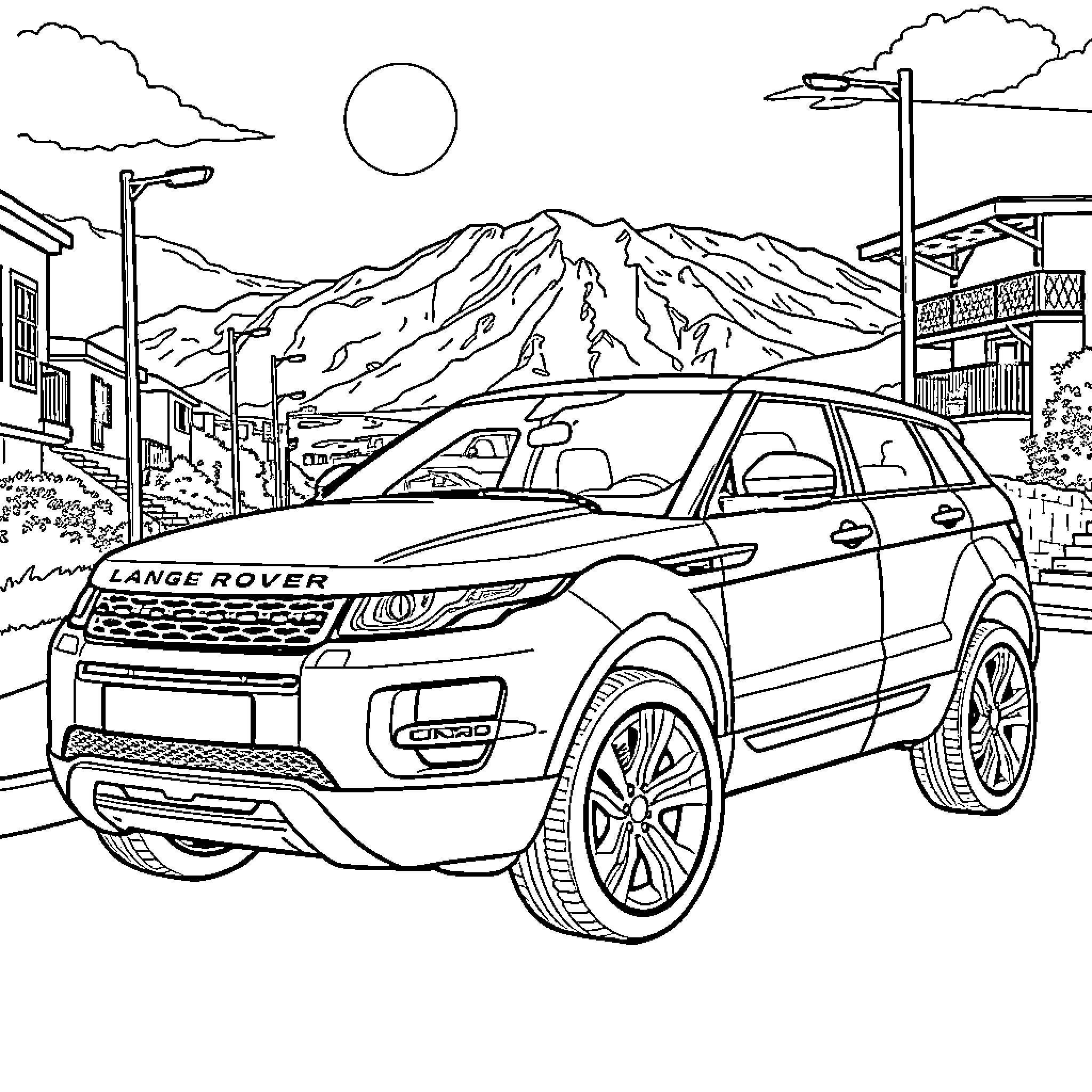 Land Rover in a scenic mountain landscape Coloring Page (free black-and-white line drawing printable PDF for all, from beginners to advanced learners, including children, teens, adults, and seniors)