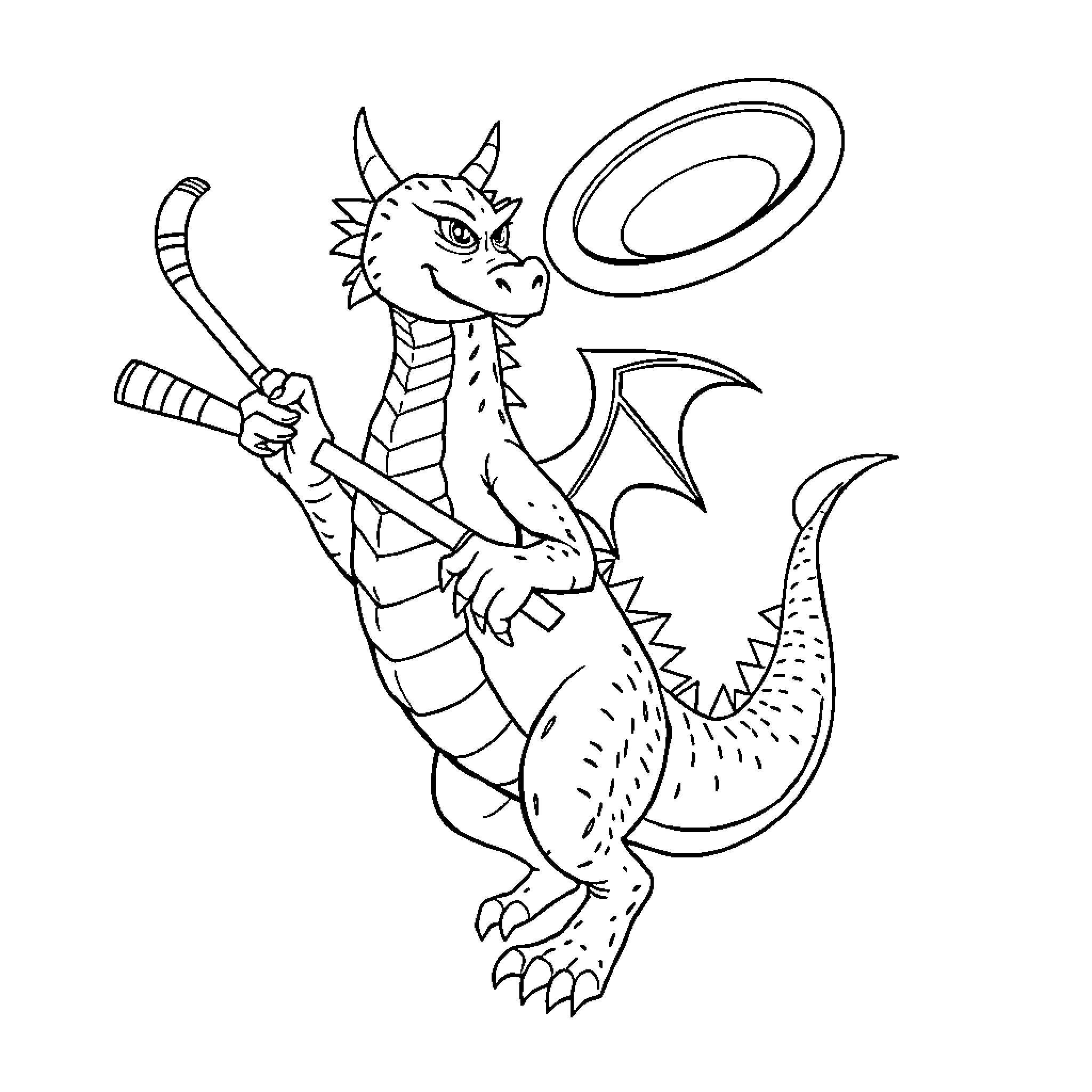 Dragon Performing Magic Tricks with Hoop Coloring Page (free black-and-white line drawing printable PDF for all, from beginners to advanced learners, including children, teens, adults, and seniors)