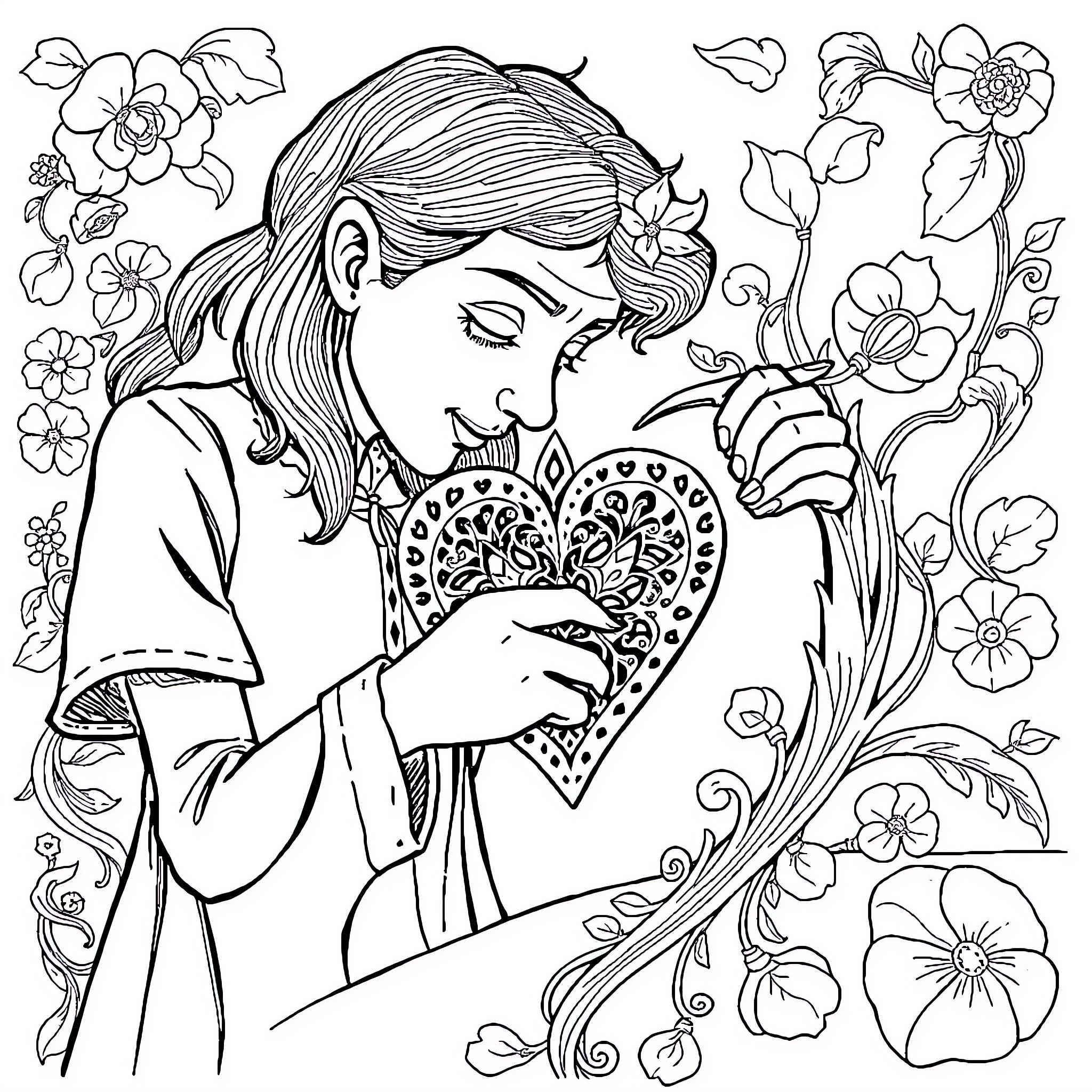 OZ - Woman with Floral Heart in Tranquil Garden Coloring Page (free black-and-white line drawing printable PDF for all, from beginners to advanced learners, including children, teens, adults, and seniors)
