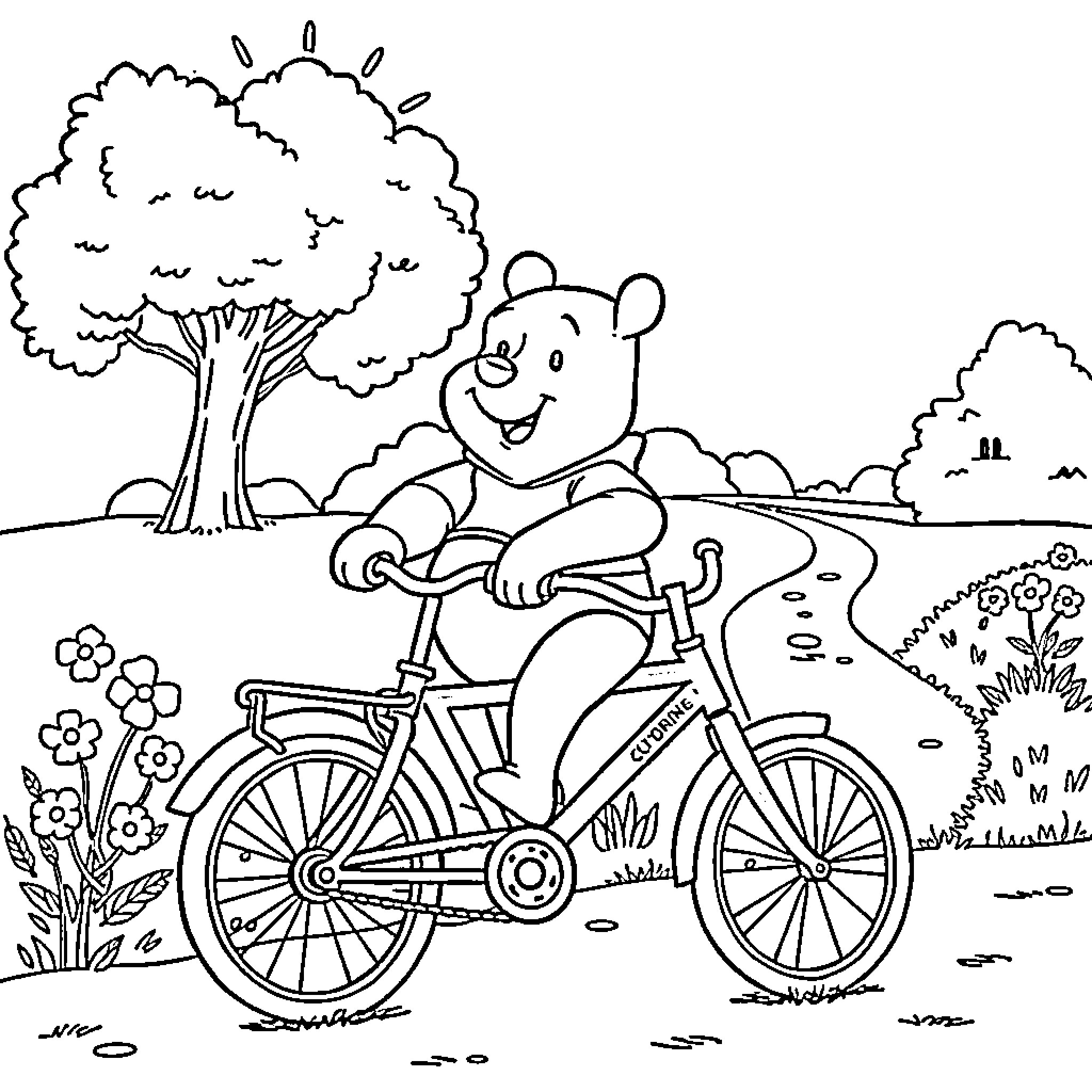 Winnie The Pooh riding a bicycle in the park Coloring Page (free black-and-white line drawing printable PDF for all, from beginners to advanced learners, including children, teens, adults, and seniors)
