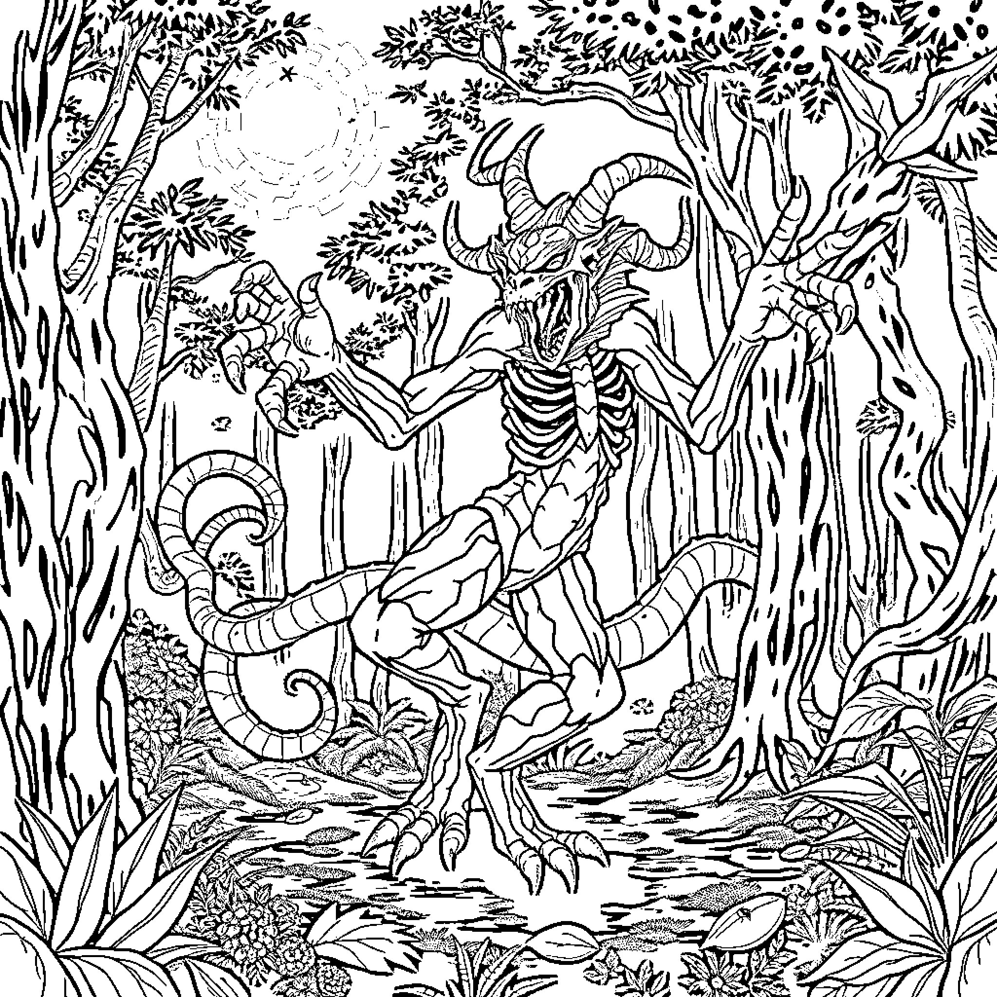 Demogorgon Creature Lurking in the Enchanted Forest Coloring Page (free black-and-white line drawing printable PDF for all, from beginners to advanced learners, including children, teens, adults, and seniors)