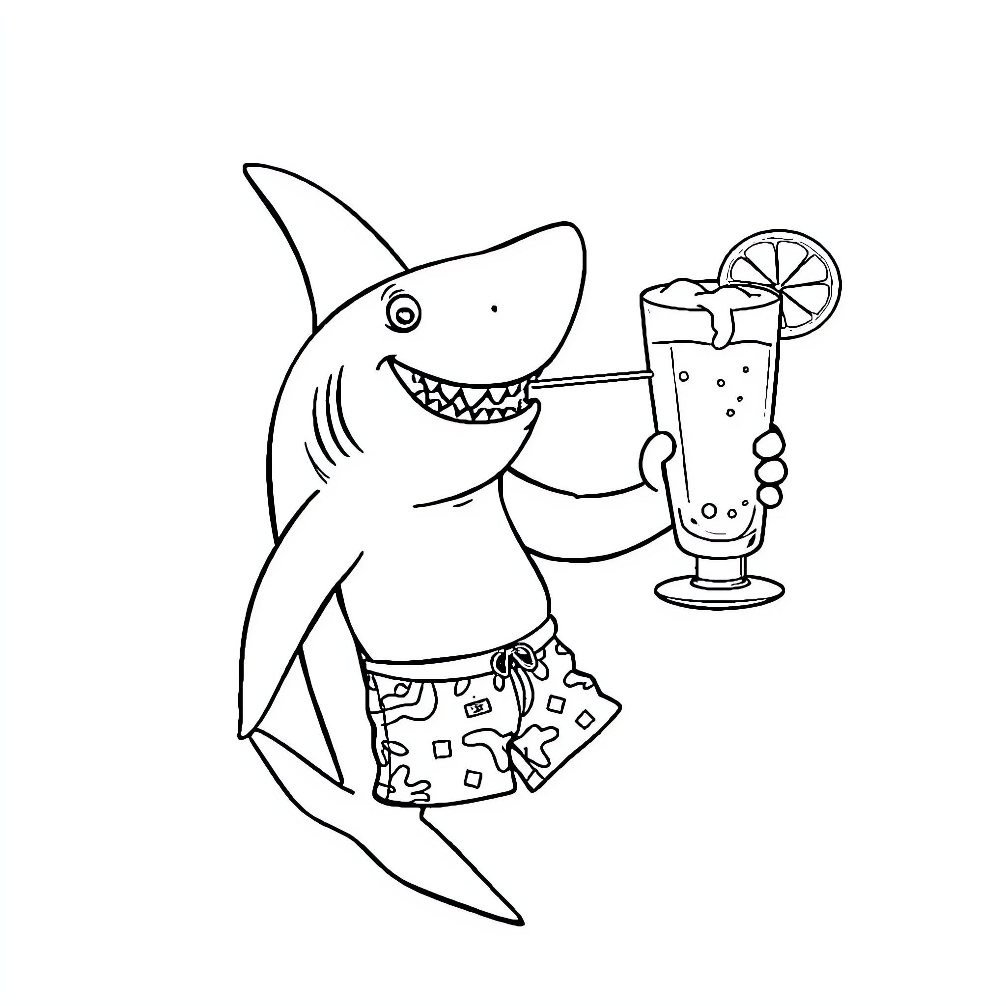 Shark enjoying a refreshing beverage on the beach Coloring Page (free black-and-white line drawing printable PDF for all, from beginners to advanced learners, including children, teens, adults, and seniors)