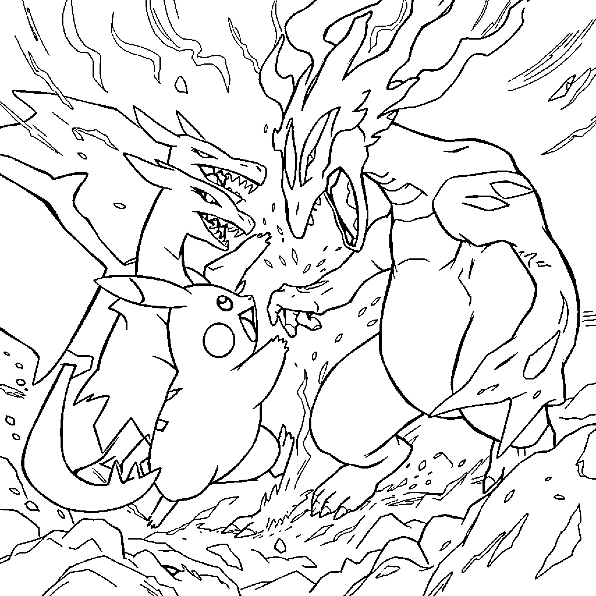 Pikachu facing a fierce dragon Coloring Page (free black-and-white line drawing printable PDF for all, from beginners to advanced learners, including children, teens, adults, and seniors)