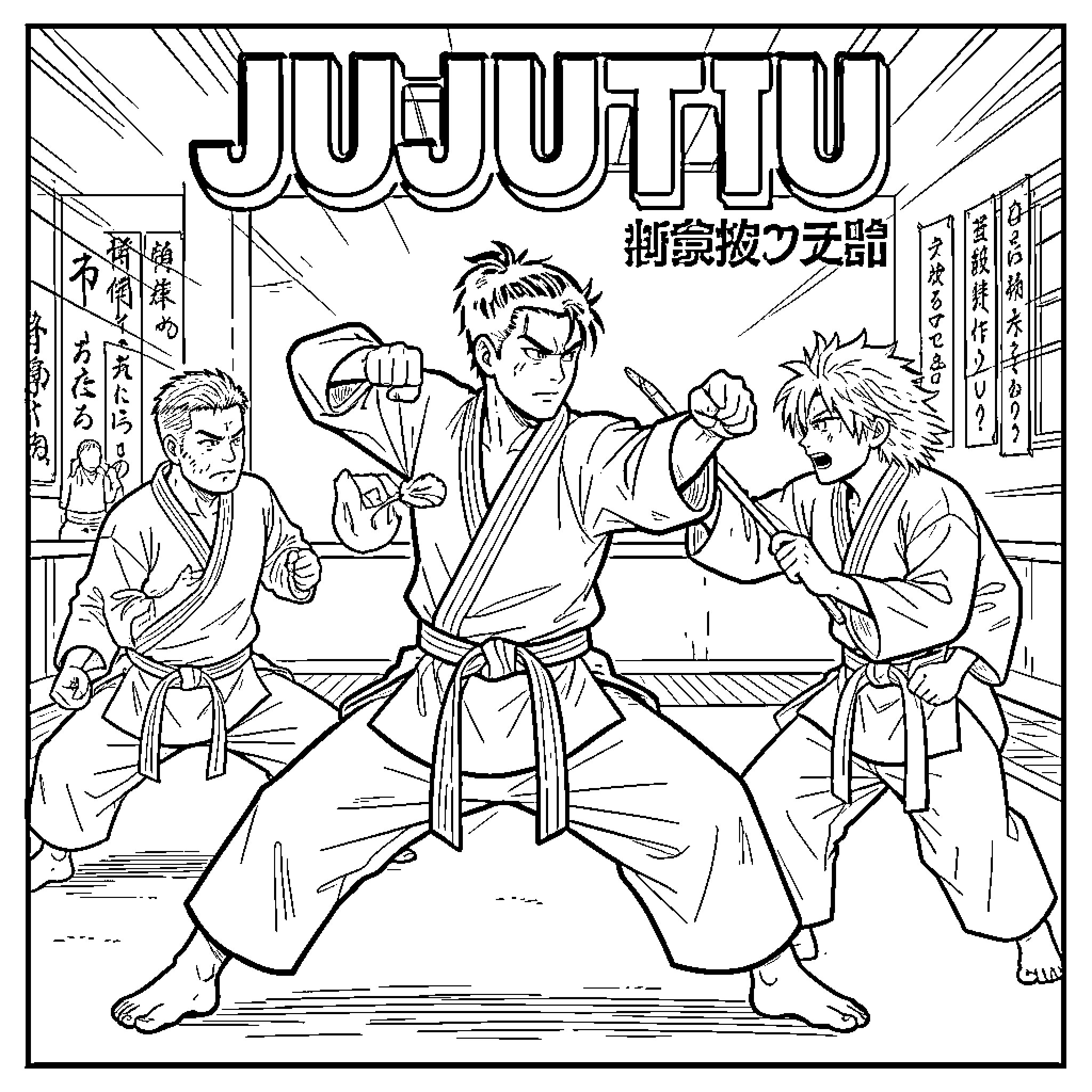 Jujutsu martial arts students practicing combat moves in a dojo Coloring Page (free black-and-white line drawing printable PDF for all, from beginners to advanced learners, including children, teens, adults, and seniors)